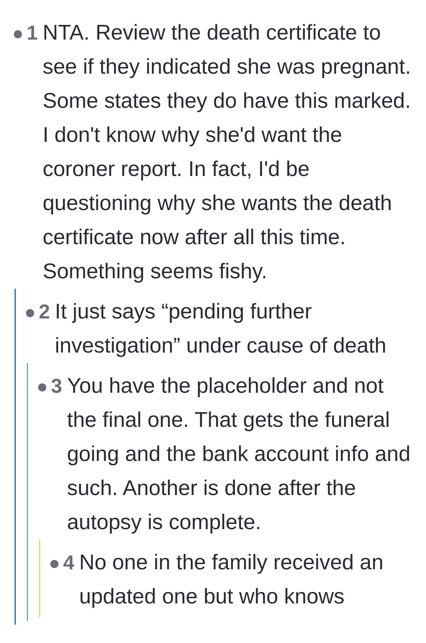 Comment thread 5 - Discussion about placeholder versus finalized death certificates after an autopsy is completed.