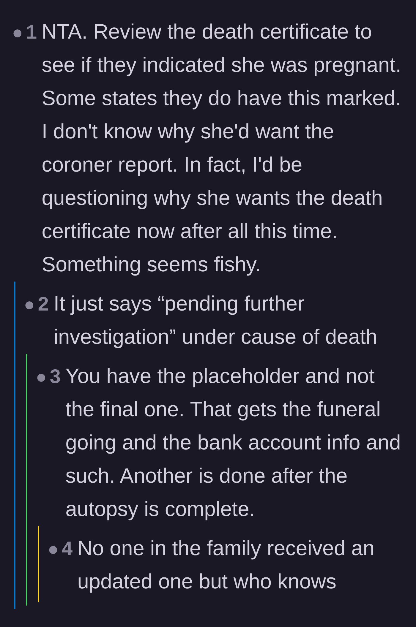 Comment thread 5 - Discussion about placeholder versus finalized death certificates after an autopsy is completed.