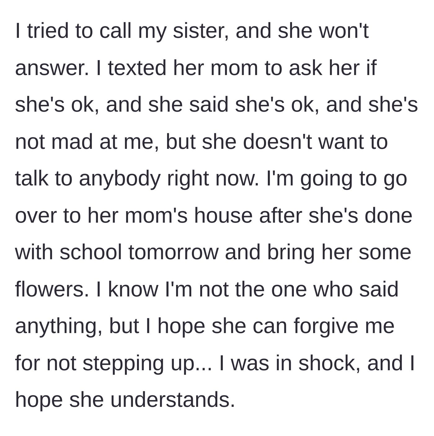 Story part 5 - The aftermath of the breakup, with the younger sister isolating herself in shame while the author plans a heartfelt apology for her silence.