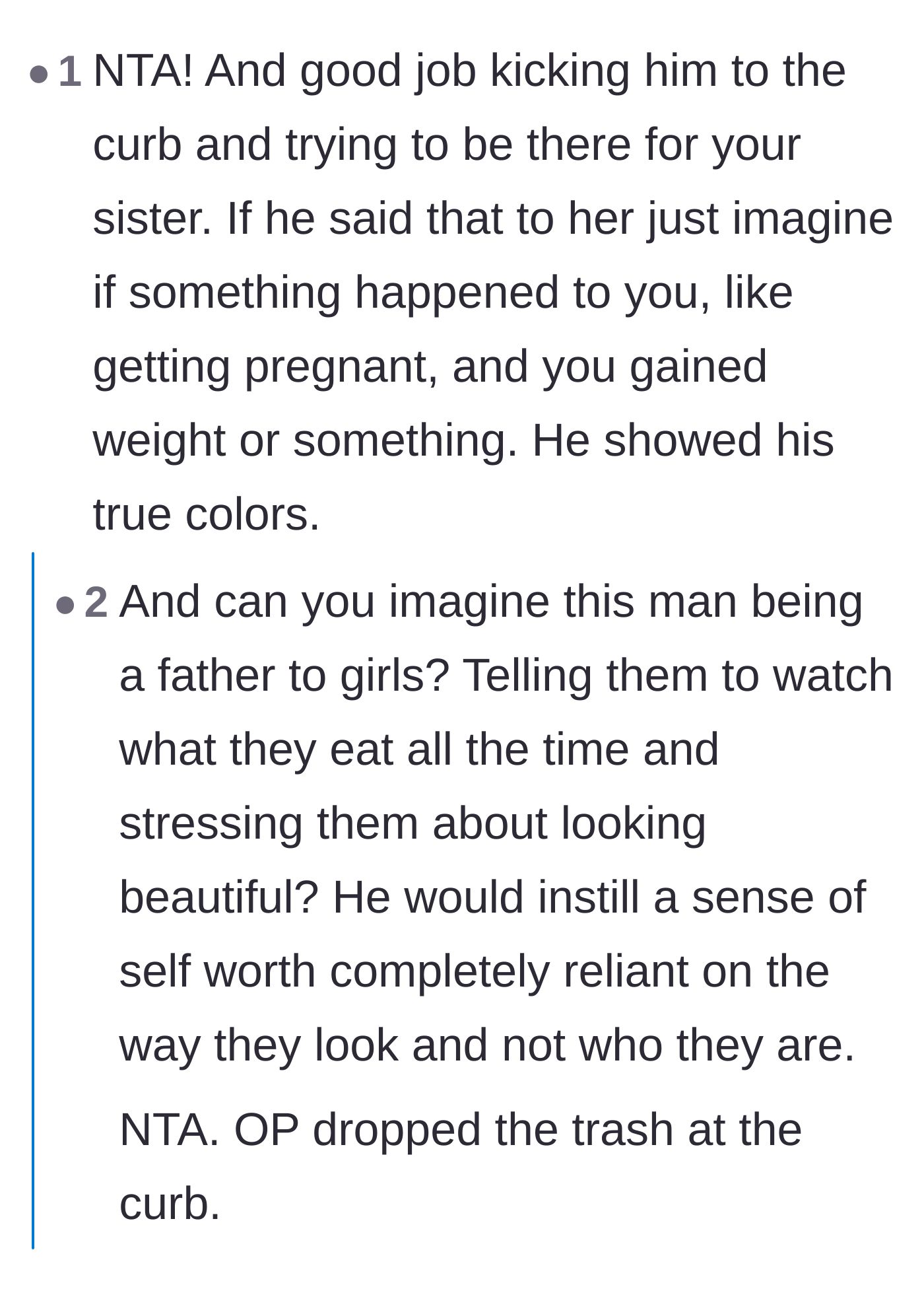 Comment thread 1 - Discussing the boyfriend's true colors and how his comments reflect his potential future parenting.