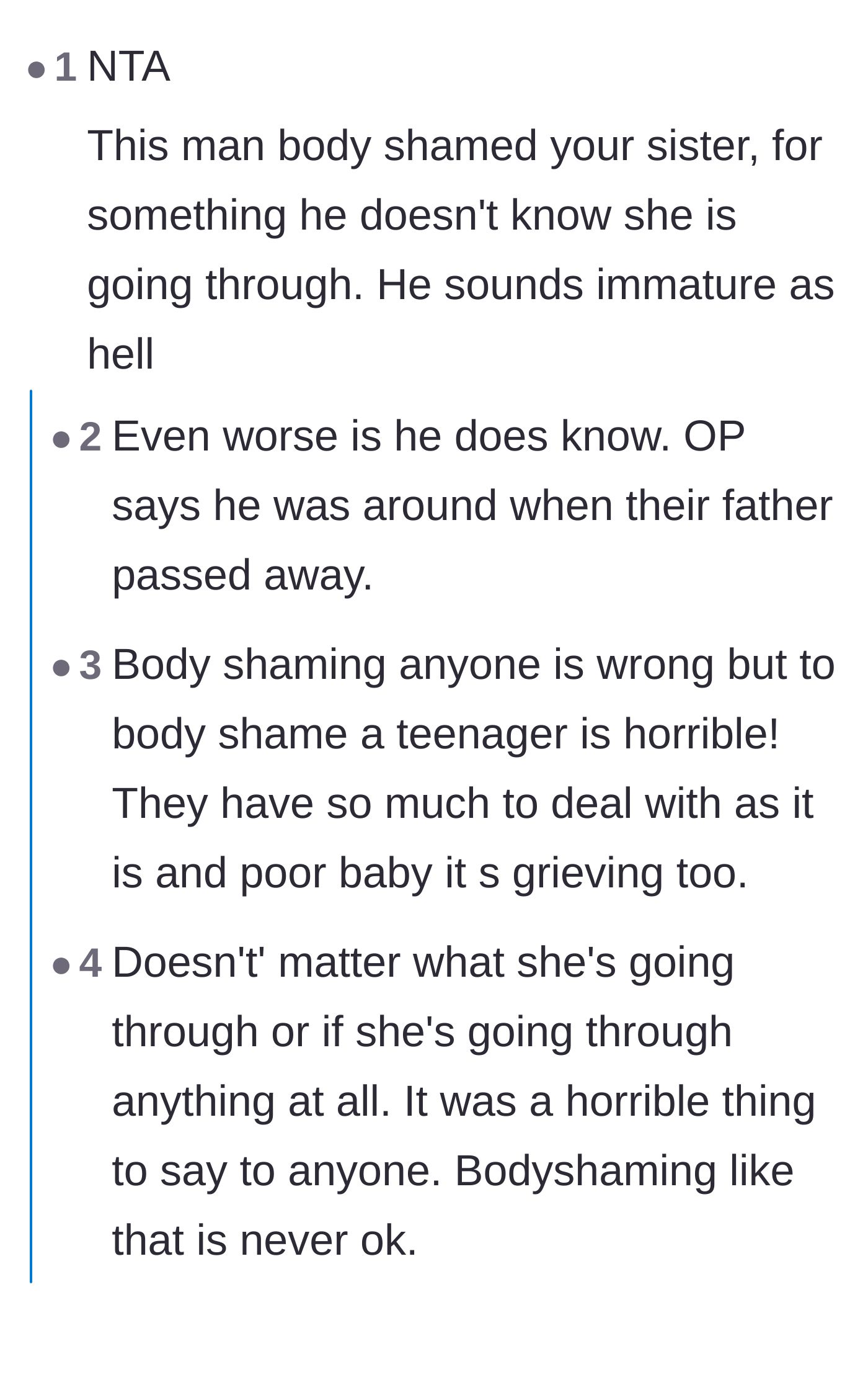 Comment thread 2 - Debating the added cruelty of body-shaming someone while knowing their grief context versus the inherent wrongness of body-shaming anyone.