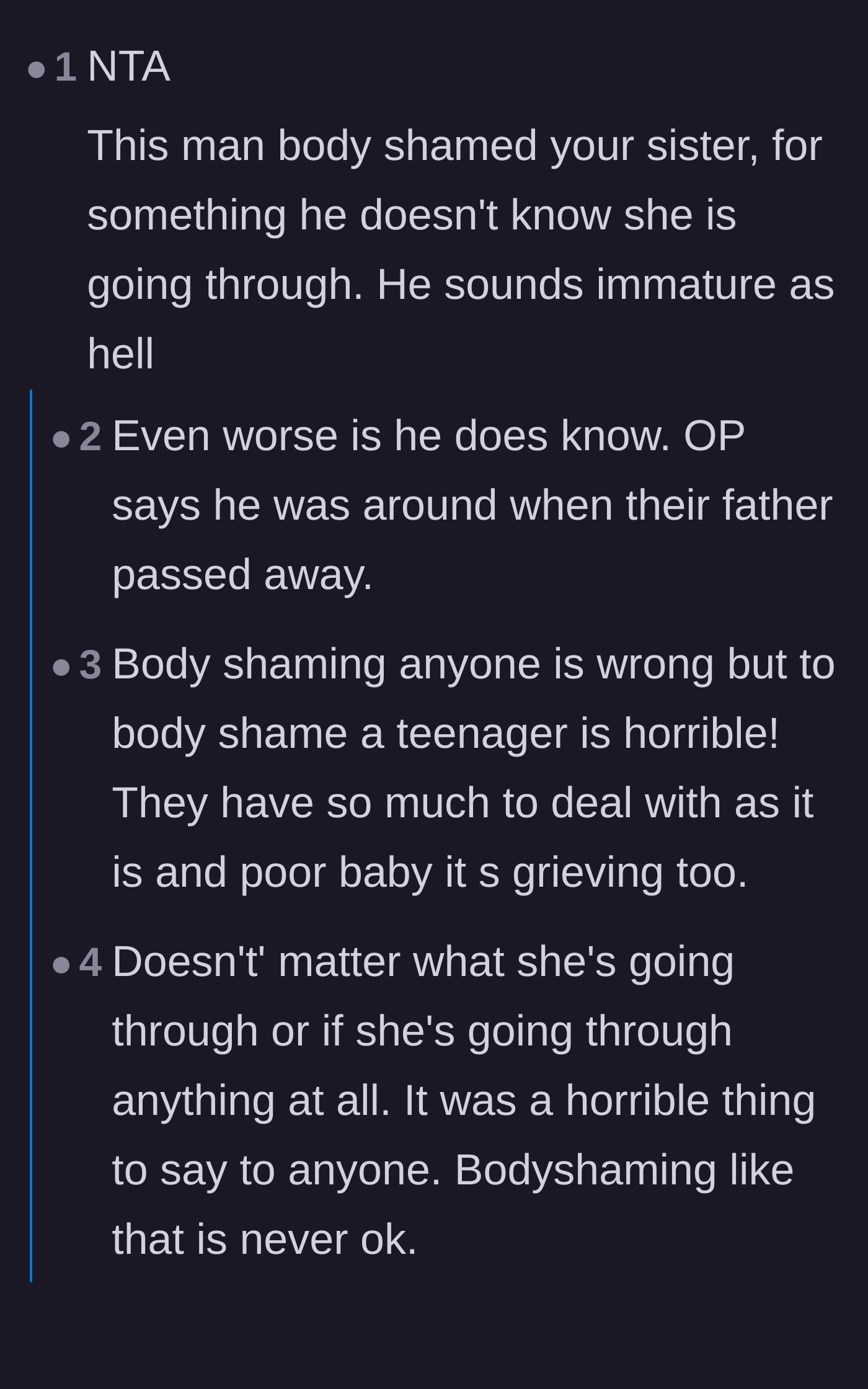 Comment thread 2 - Debating the added cruelty of body-shaming someone while knowing their grief context versus the inherent wrongness of body-shaming anyone.