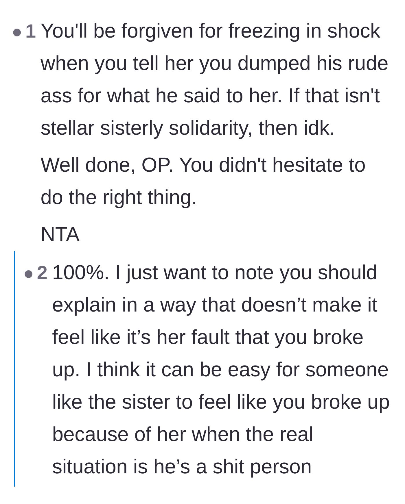 Comment thread 4 - Advice on assuring the younger sister that the breakup was due to the boyfriend's character, not her.
