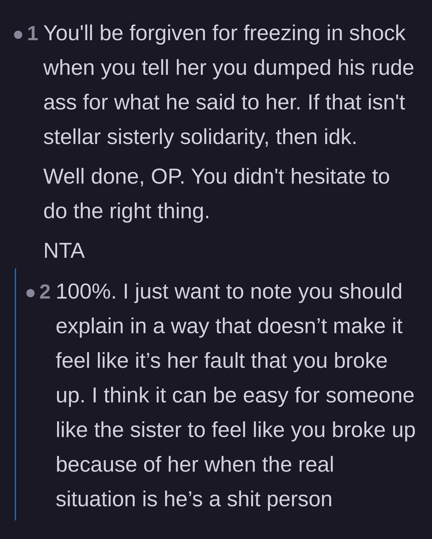 Comment thread 4 - Advice on assuring the younger sister that the breakup was due to the boyfriend's character, not her.