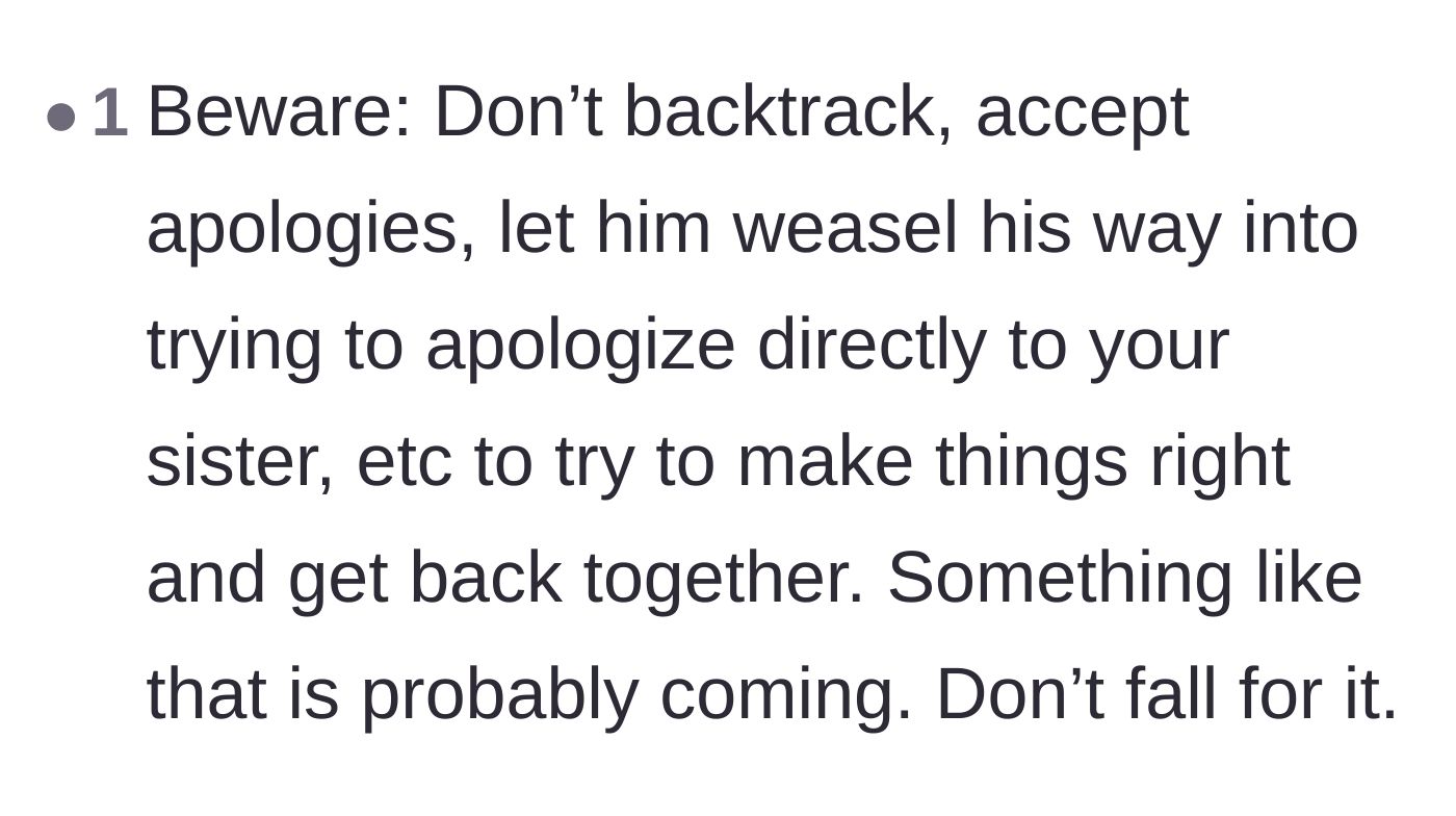 Comment thread 5 - A stern warning against taking the ex-boyfriend back or letting him apologize to the sister.