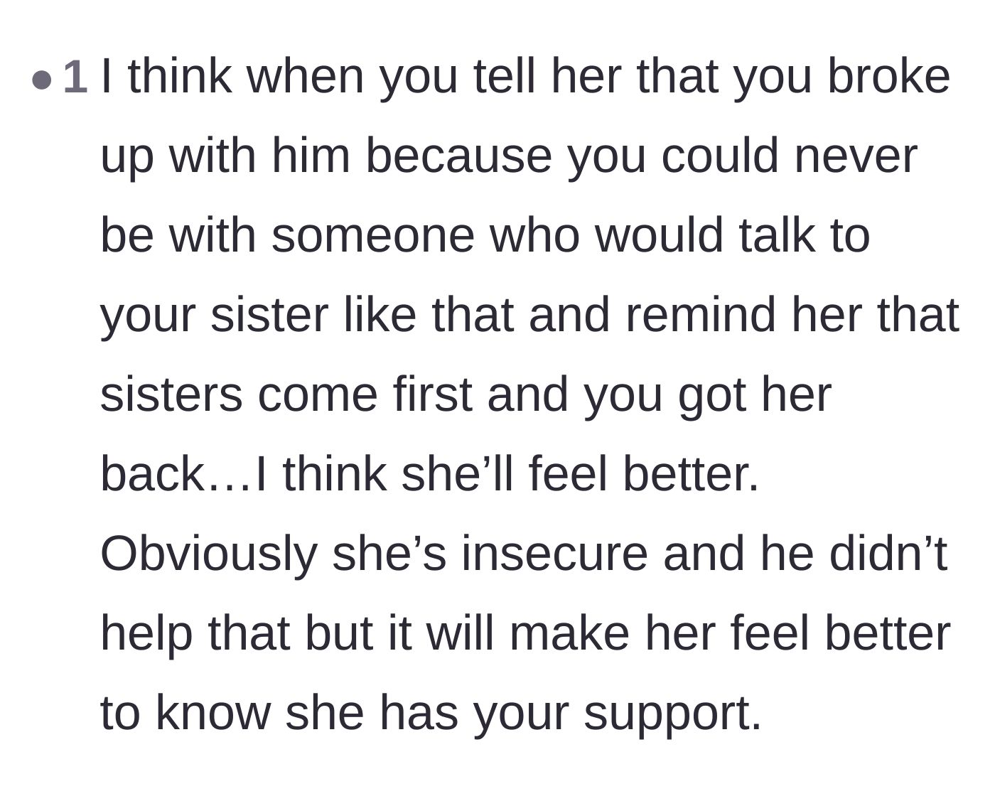Comment thread 6 - Reassuring the author that reaffirming her loyalty and sisterly bond will help repair the damage.