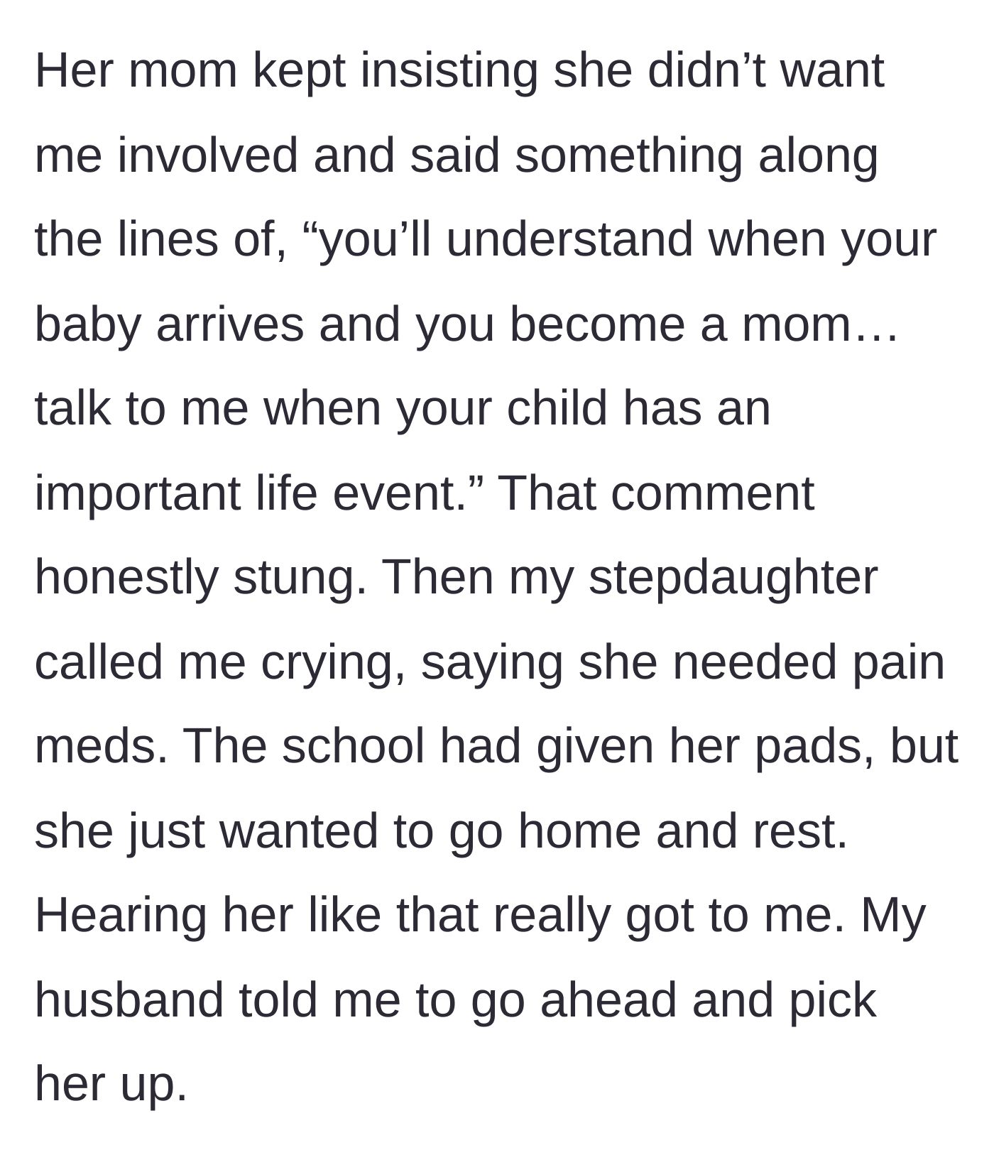 Story part 4 - The bio mom insults the stepmom's impending motherhood, while the distressed child calls crying in pain.