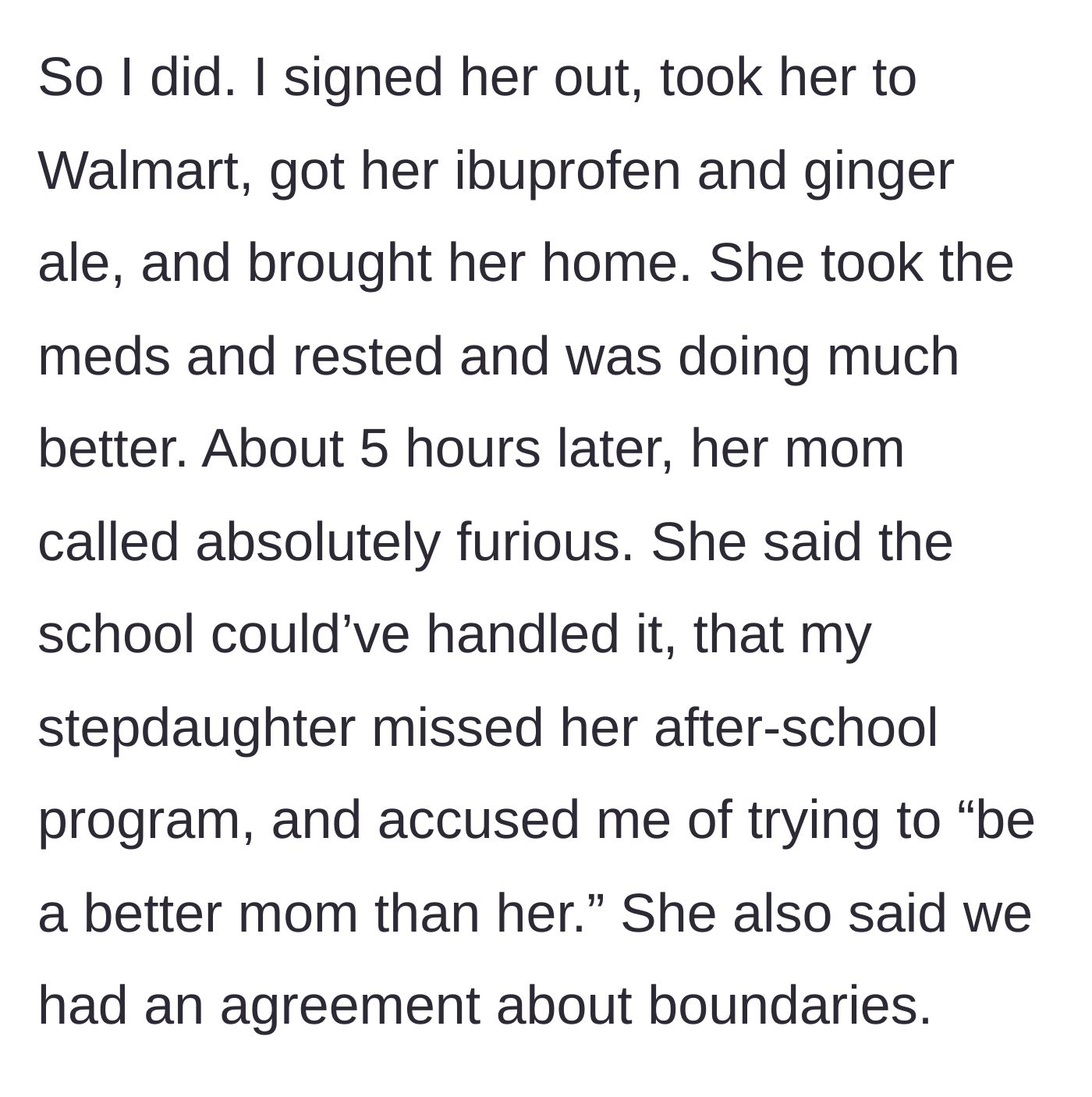 Story part 5 - Stepmom rescues the child and gets her medication, but the bio mom calls hours later in a screaming rage.