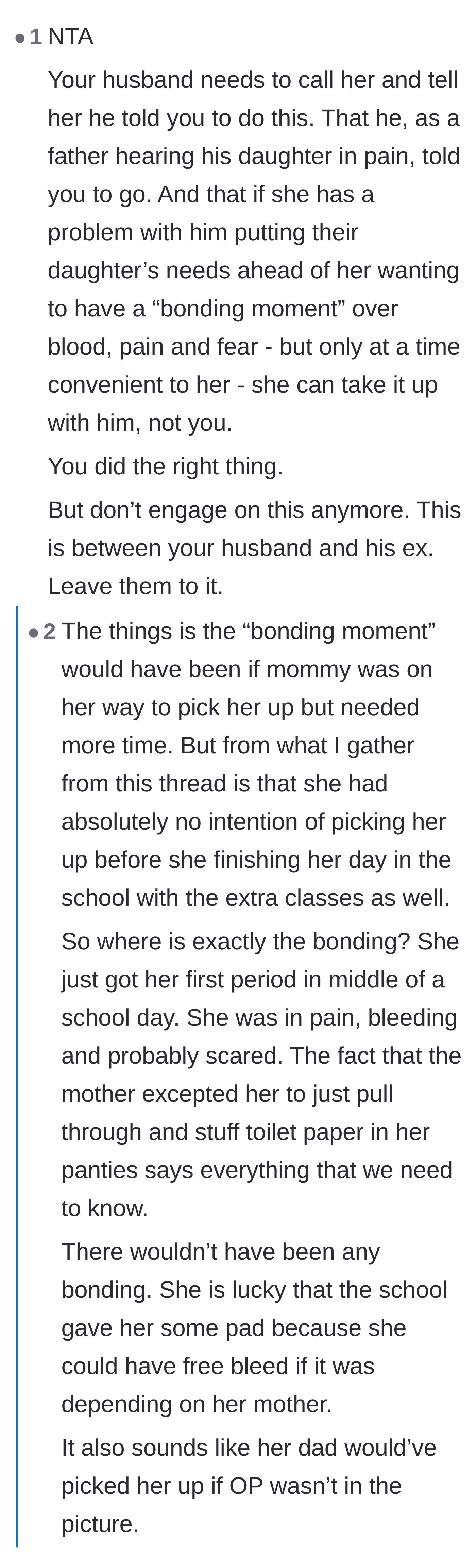 Comment thread 1 - Readers demanding the husband step up and dismantling the mother's fake bonding excuse