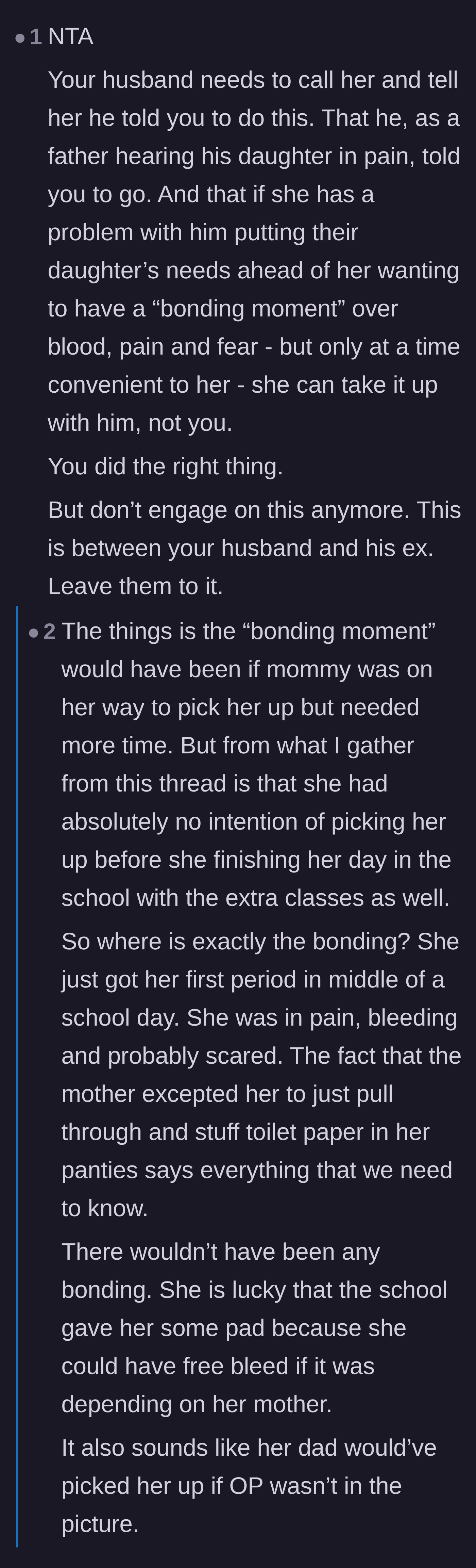 Comment thread 1 - Readers demanding the husband step up and dismantling the mother's fake bonding excuse