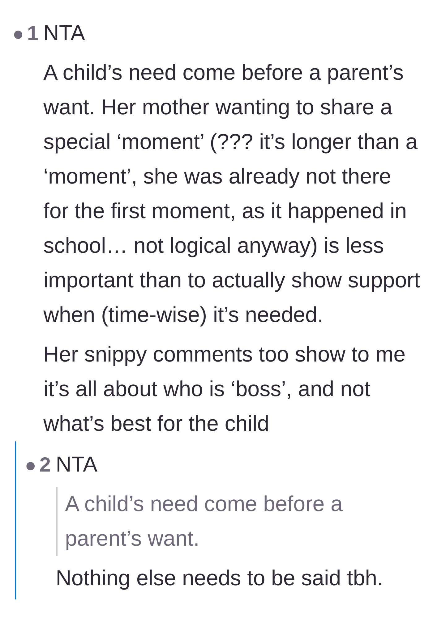Comment thread 5 - A simple reminder that a child's medical needs should always eclipse a parent's selfish wants