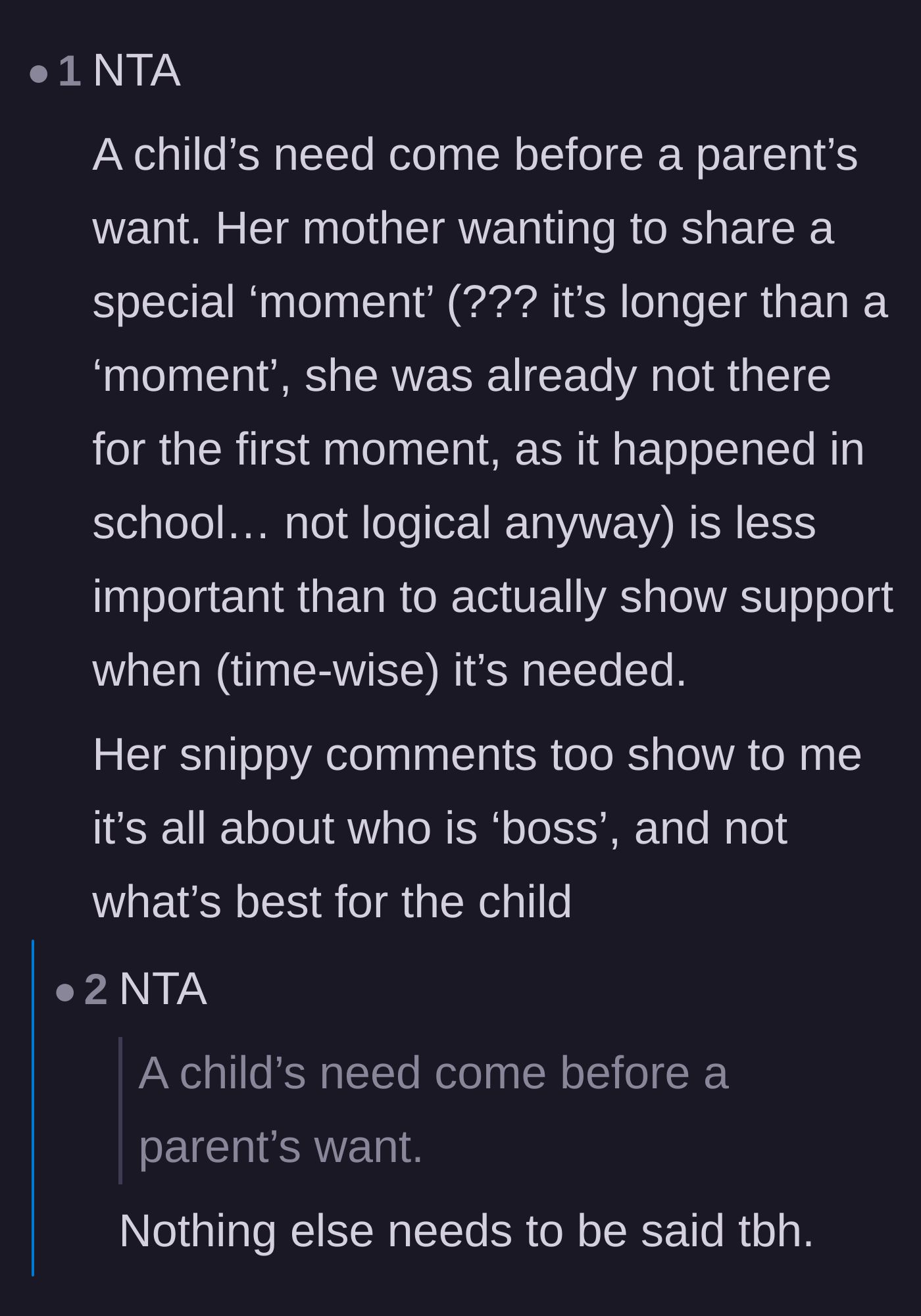 Comment thread 5 - A simple reminder that a child's medical needs should always eclipse a parent's selfish wants
