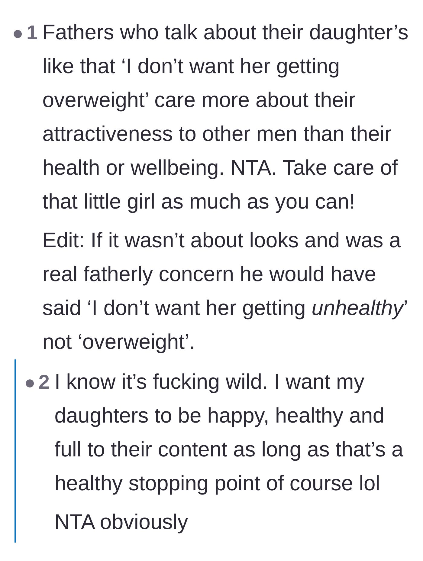 Comment thread 1 - Readers call out the father's toxic focus on his daughter's physical appearance over her actual health.