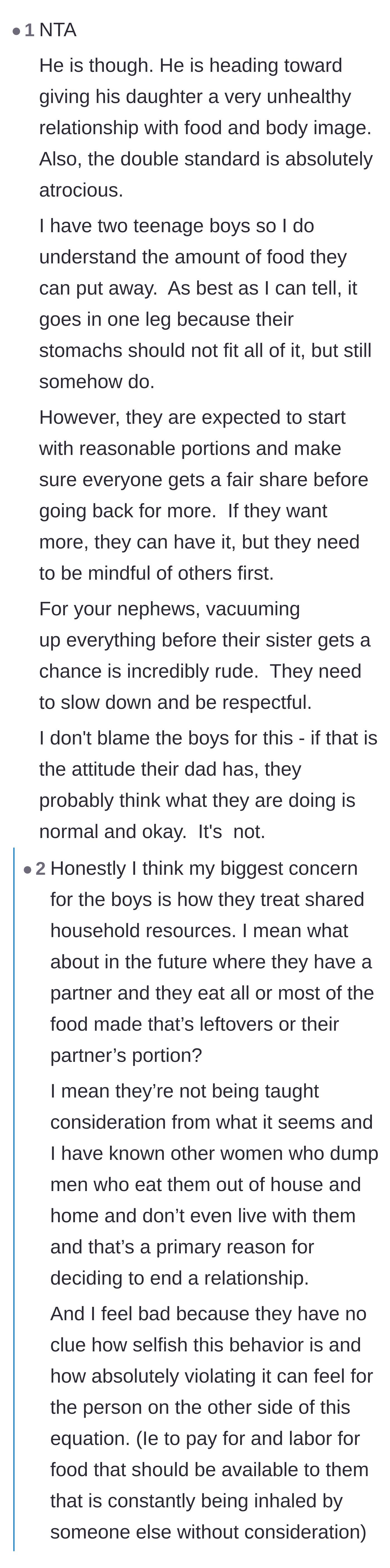 Comment thread 3 - Advice from another parent of teenage boys on teaching portion control and consideration for others.