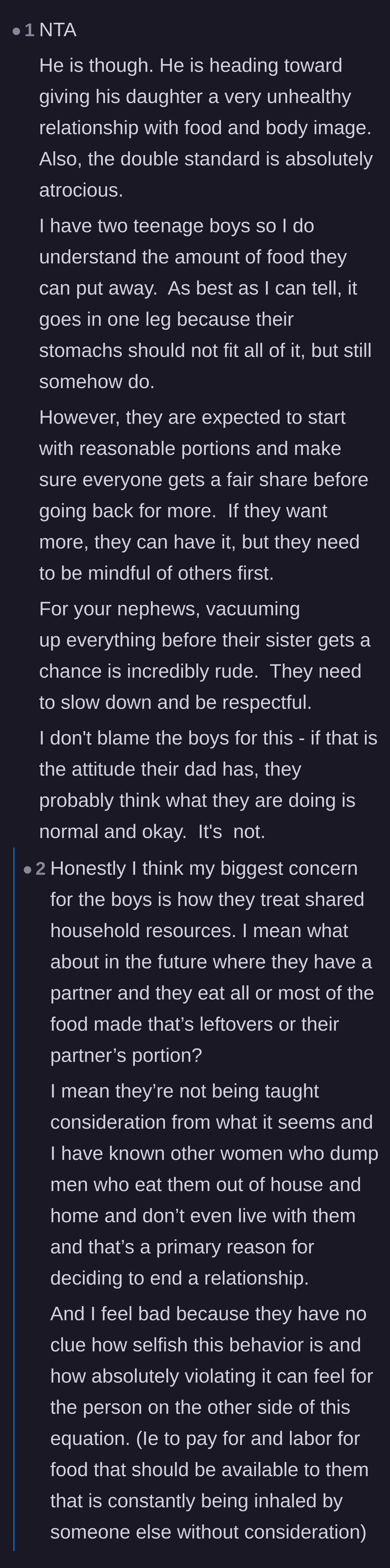 Comment thread 3 - Advice from another parent of teenage boys on teaching portion control and consideration for others.