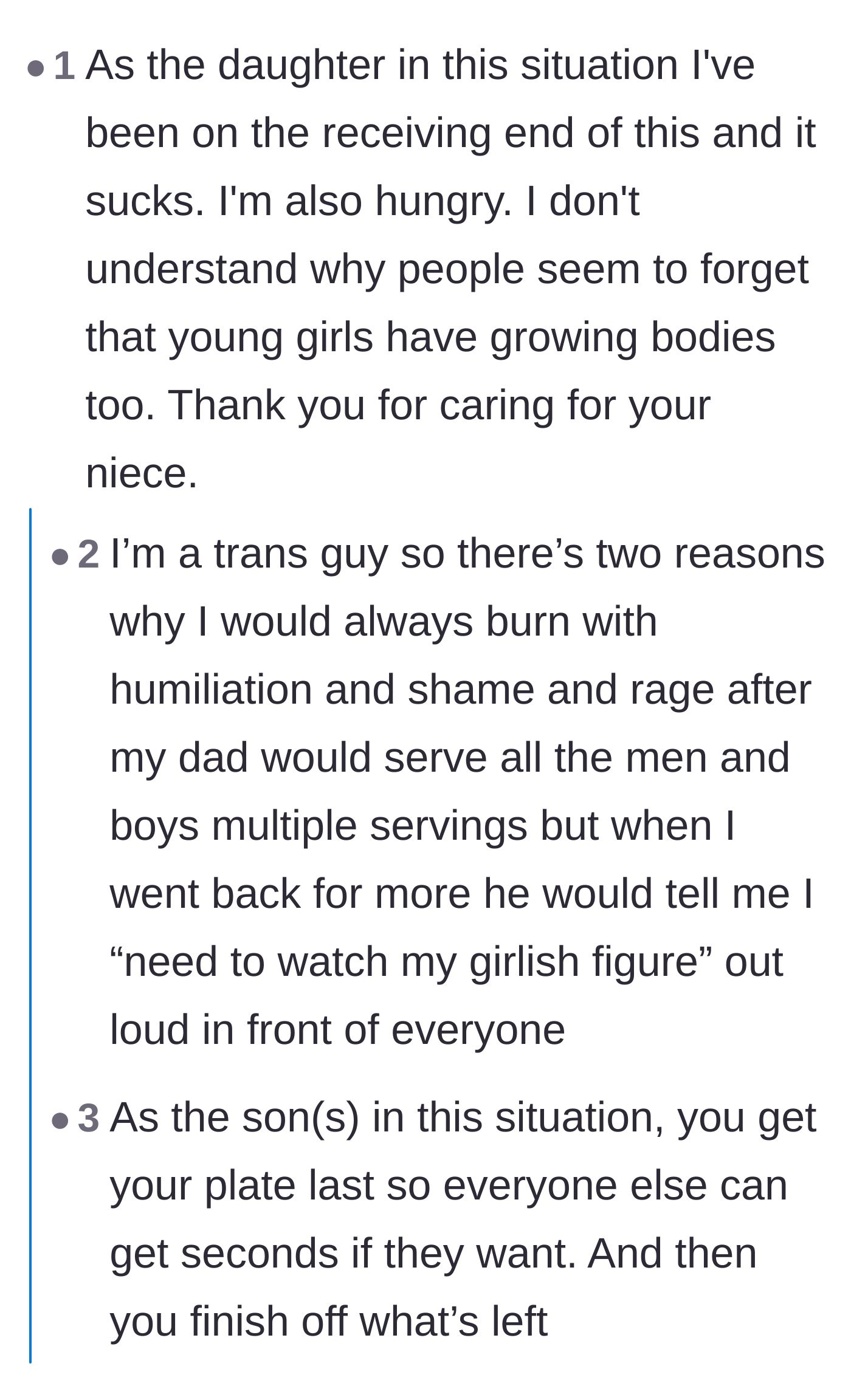 Comment thread 4 - Readers share their own heartbreaking personal experiences with being denied food in favor of male relatives.