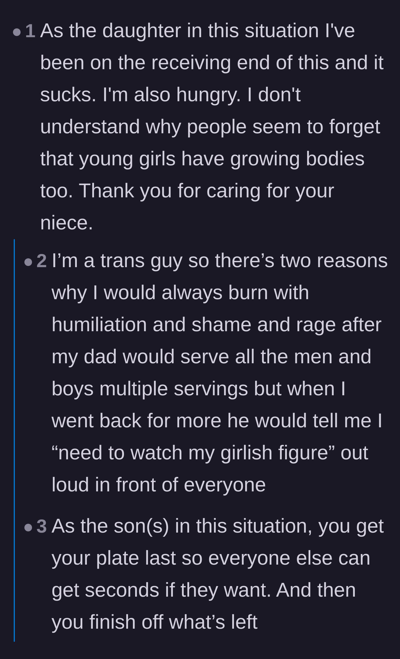 Comment thread 4 - Readers share their own heartbreaking personal experiences with being denied food in favor of male relatives.