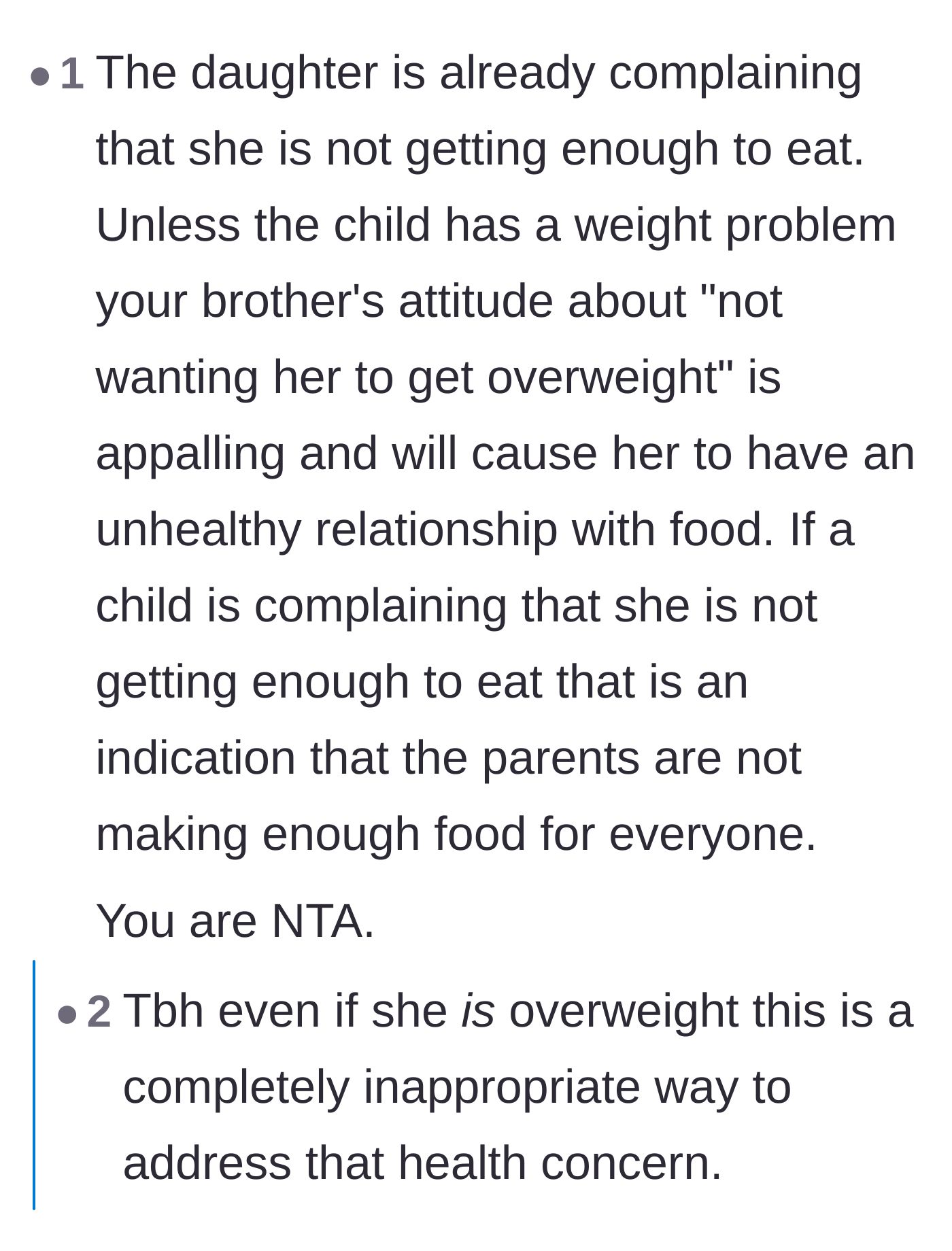 Comment thread 6 - Criticism of the parents for not making enough food to go around and handling health concerns inappropriately.