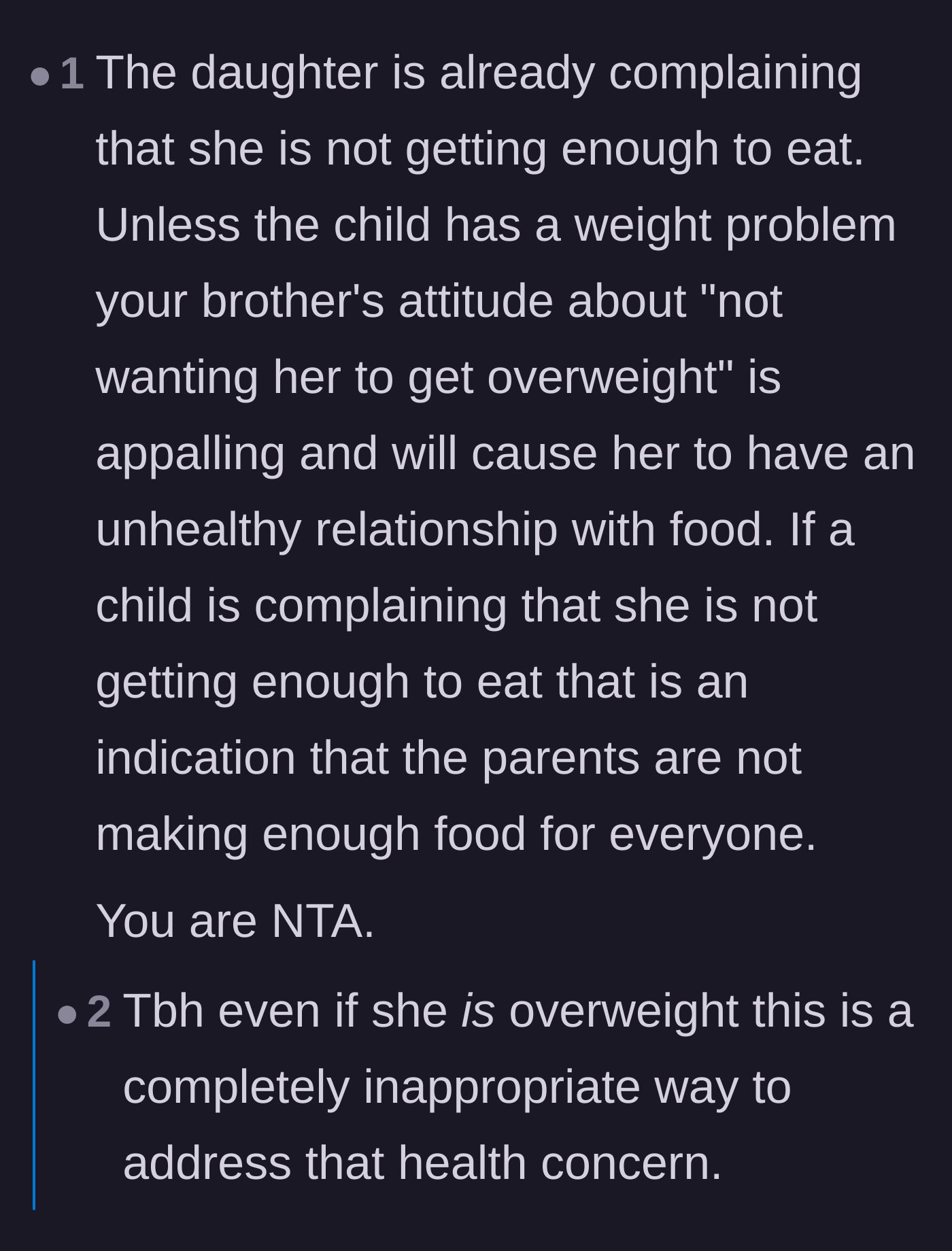 Comment thread 6 - Criticism of the parents for not making enough food to go around and handling health concerns inappropriately.