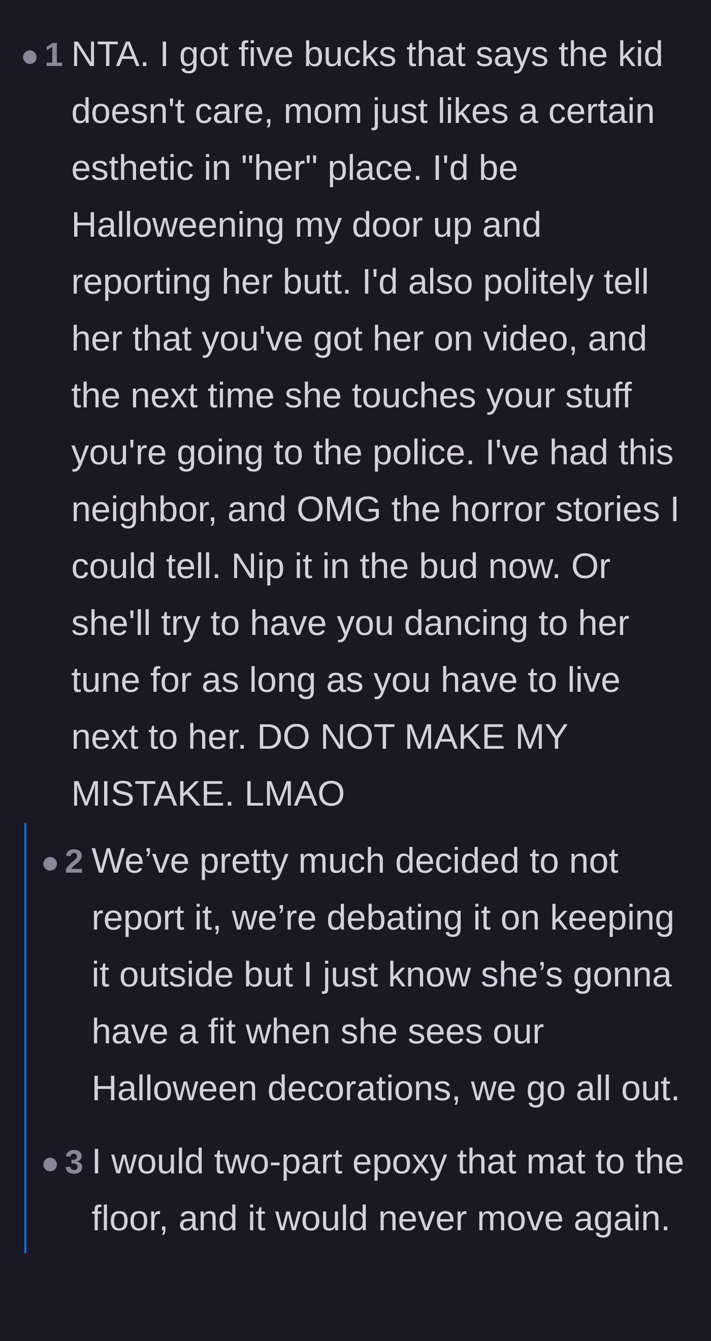 Comment thread 2 - A user suspects the mother is lying about her child's fear to control the hallway aesthetic and suggests doubling down on the decor.