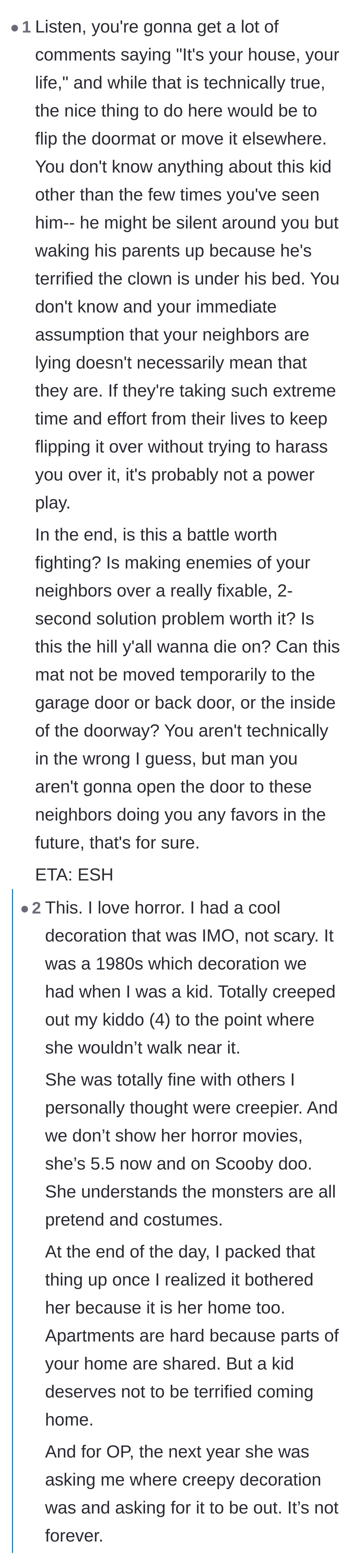Comment thread 3 - A commenter argues that moving the mat is a minor concession to ensure a child doesn't have nightmares, regardless of who is technically right.