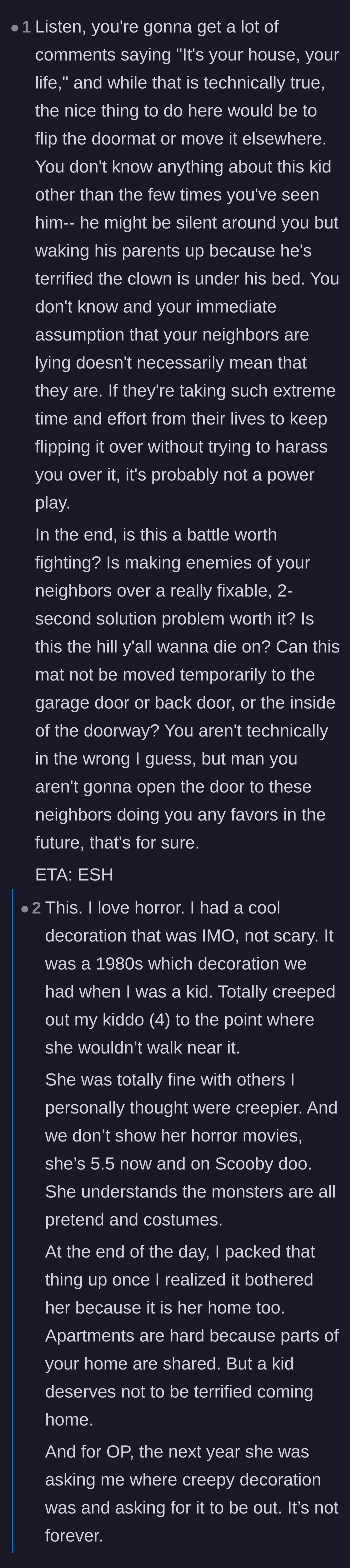 Comment thread 3 - A commenter argues that moving the mat is a minor concession to ensure a child doesn't have nightmares, regardless of who is technically right.