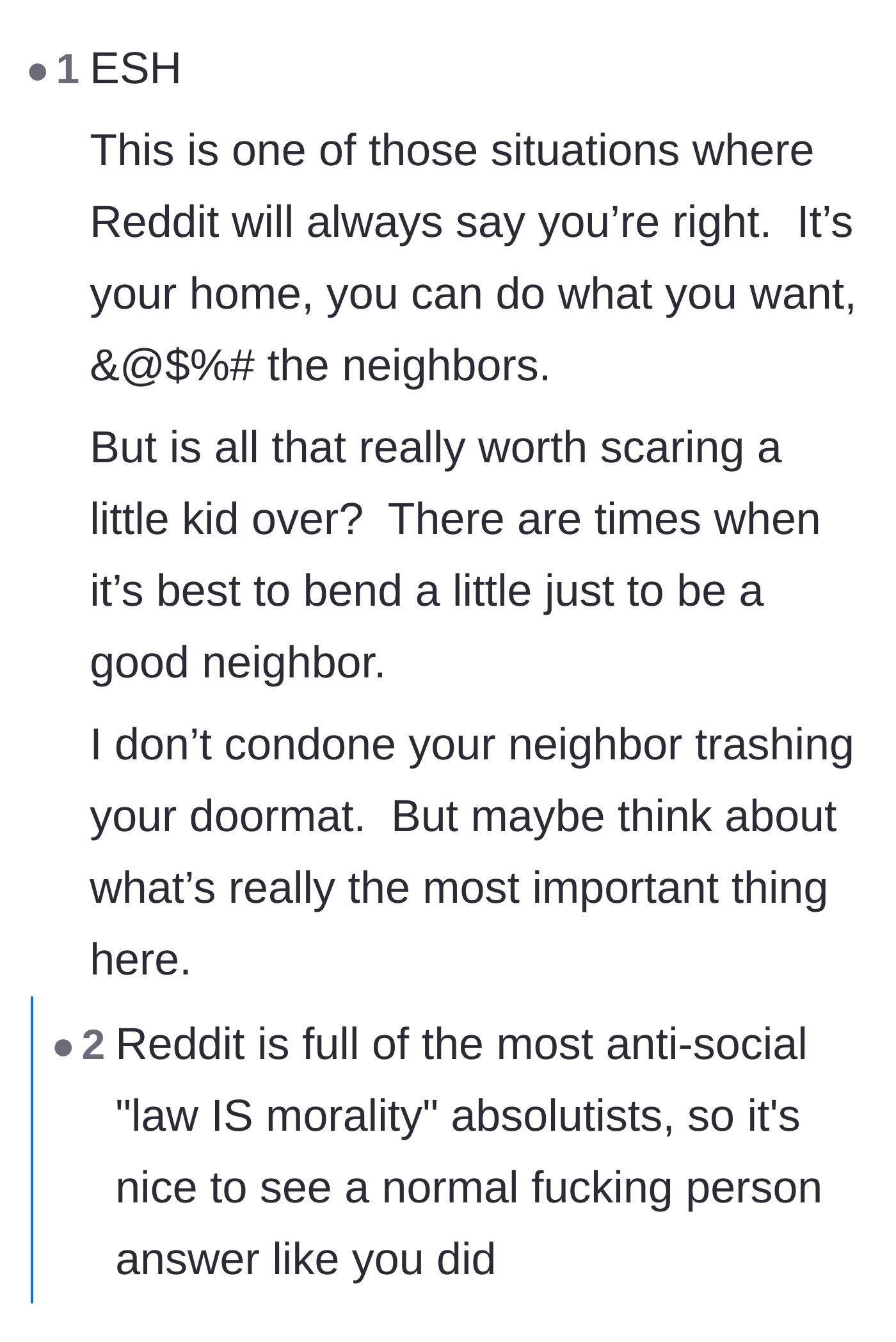 Comment thread 4 - A user criticizes Reddit's tendency to prioritize absolute property rights over basic neighborly grace.