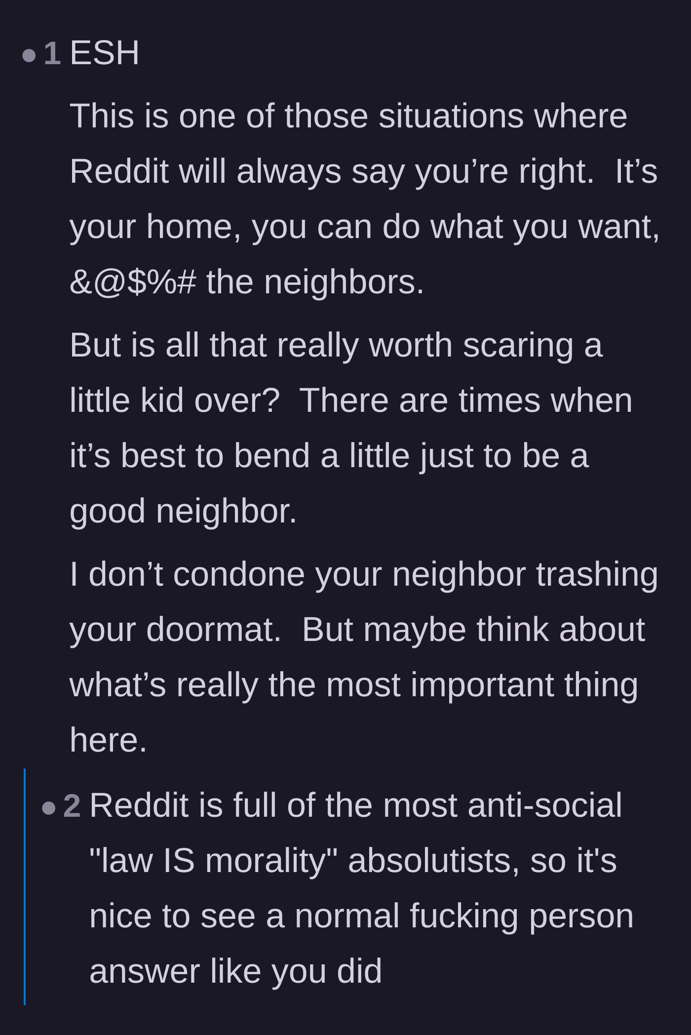 Comment thread 4 - A user criticizes Reddit's tendency to prioritize absolute property rights over basic neighborly grace.