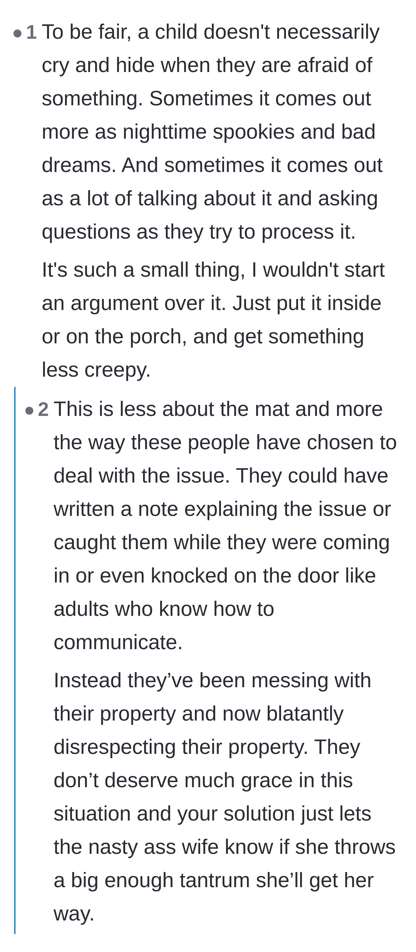 Comment thread 5 - A user points out that while the child might genuinely be scared, the parents lost all right to grace when they chose property destruction over adult communication.