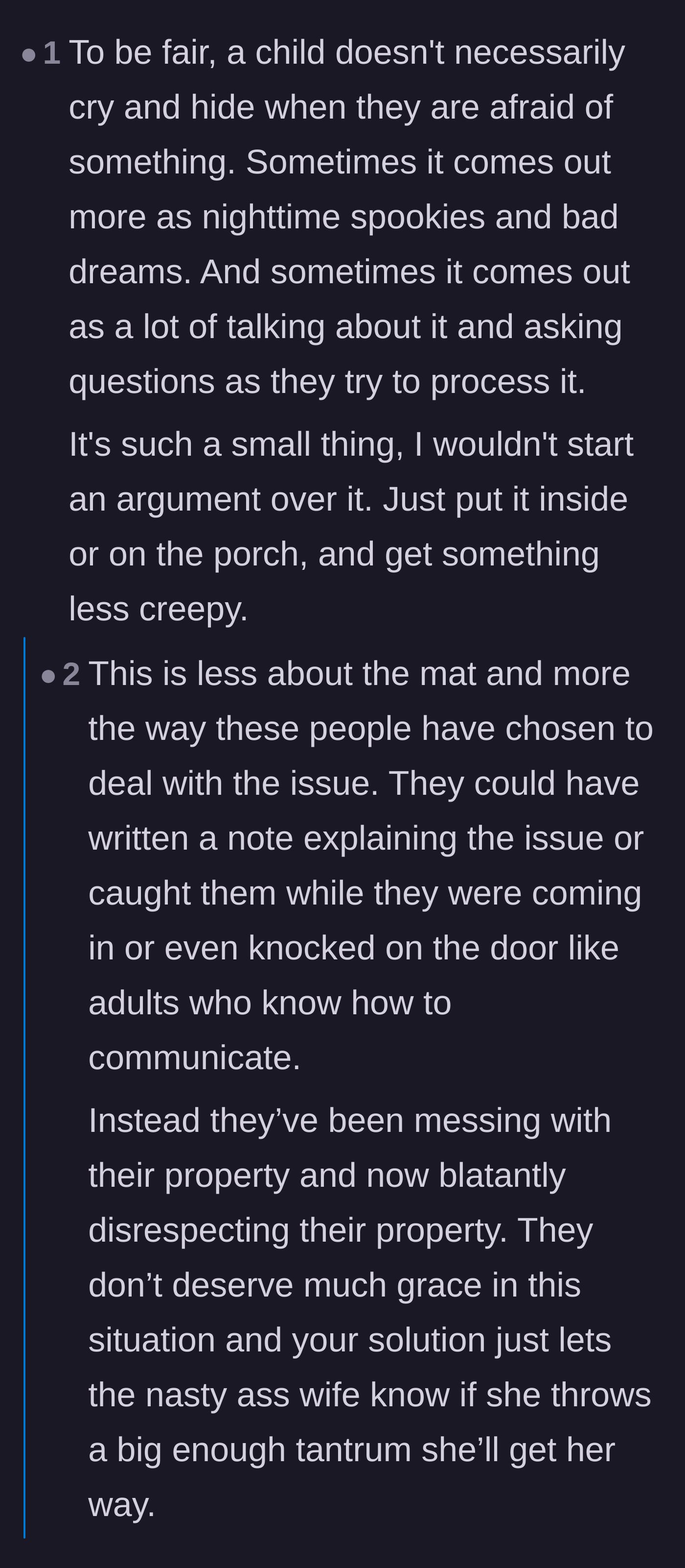 Comment thread 5 - A user points out that while the child might genuinely be scared, the parents lost all right to grace when they chose property destruction over adult communication.