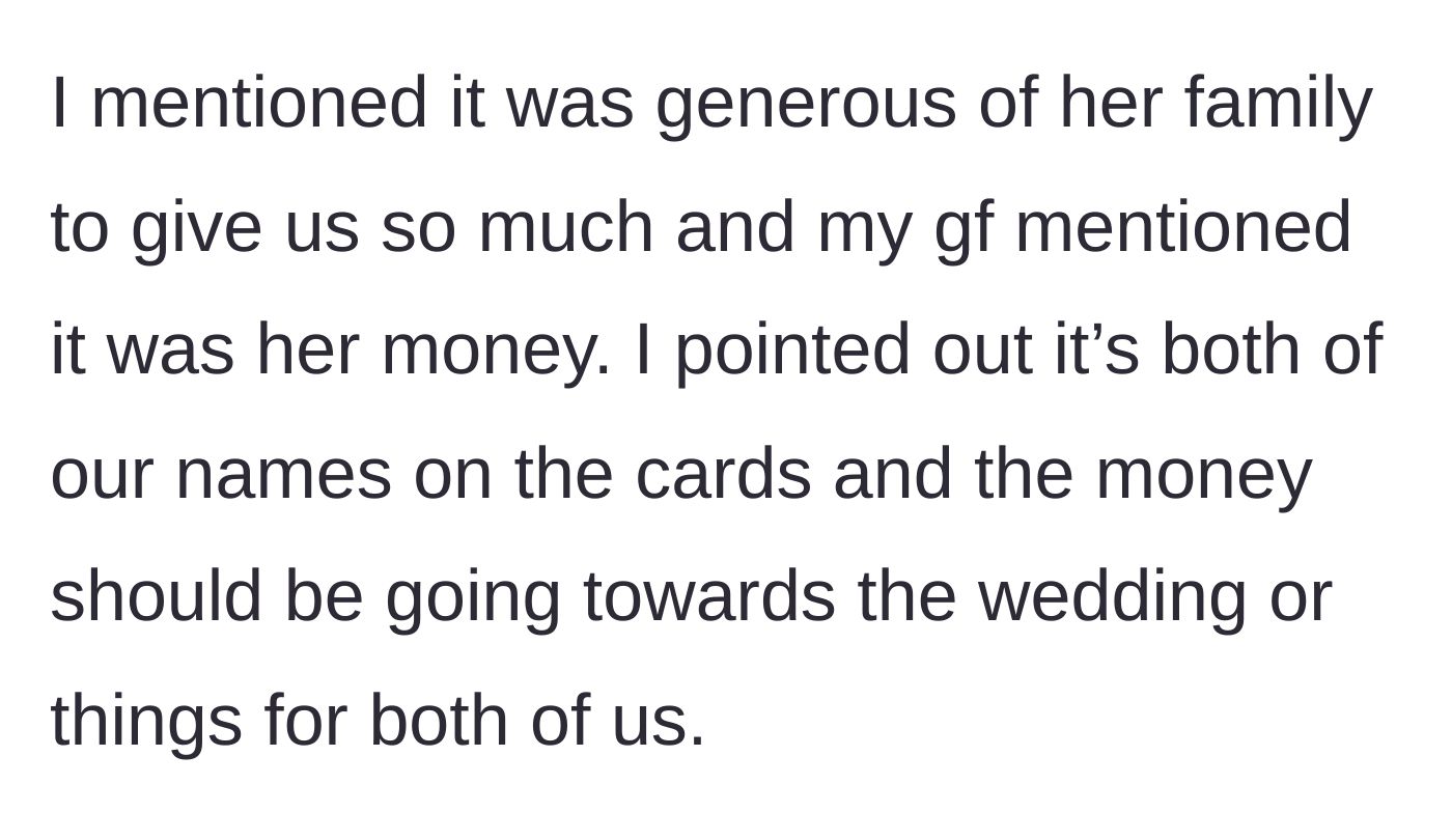 Story part 2 - The girlfriend claiming the money is solely hers, despite both names being on the cards.