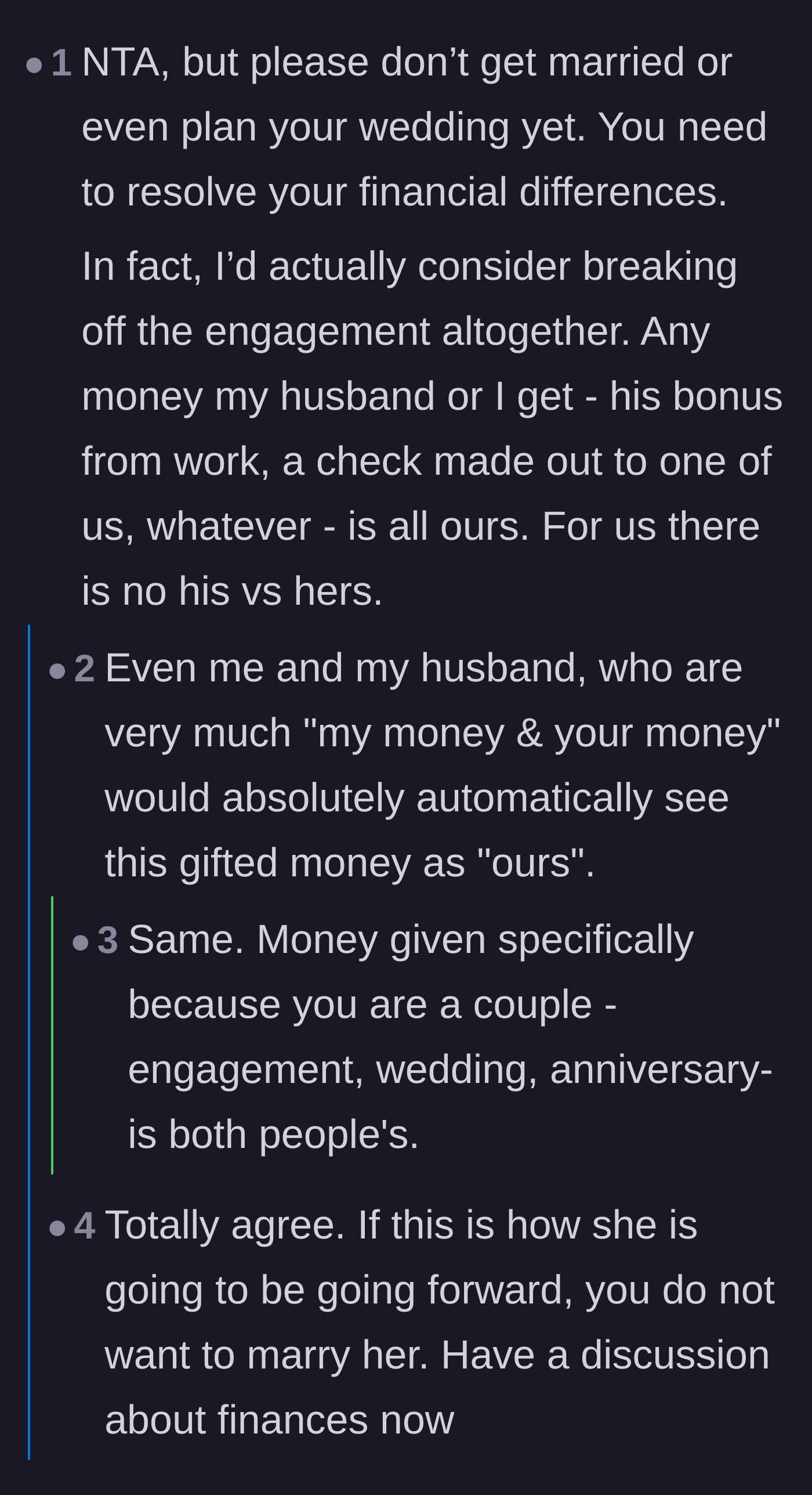 Comment thread 1 - Readers agreeing that keeping joint gifts is a massive red flag that warrants breaking off the engagement.