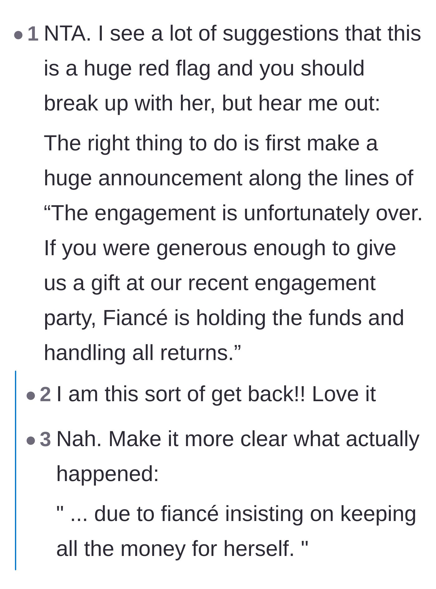 Comment thread 3 - Suggesting a dramatic, scorched-earth public announcement to the family about the fiancée keeping the money.