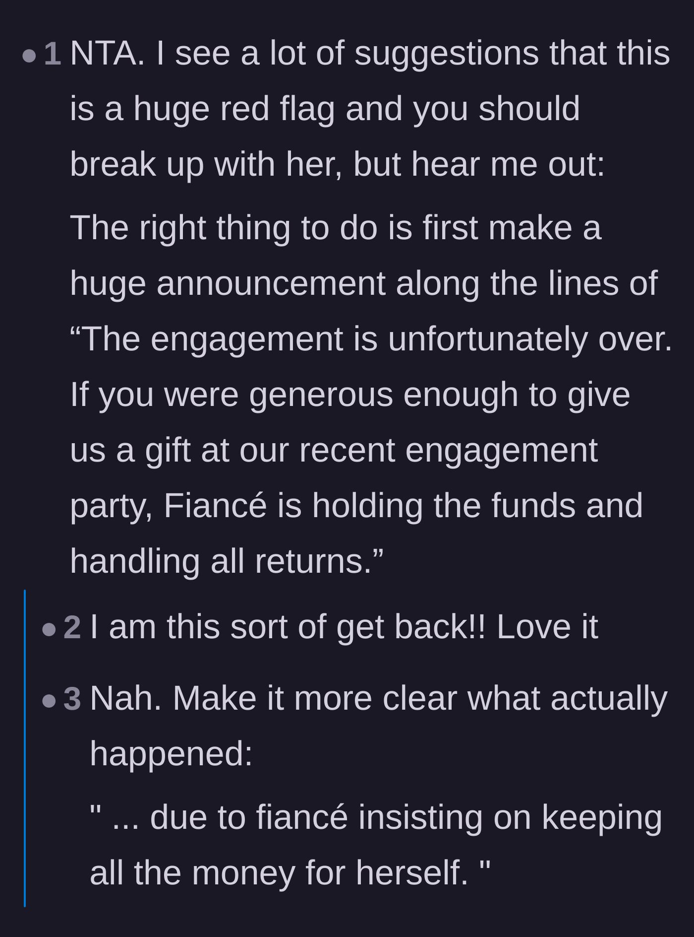 Comment thread 3 - Suggesting a dramatic, scorched-earth public announcement to the family about the fiancée keeping the money.