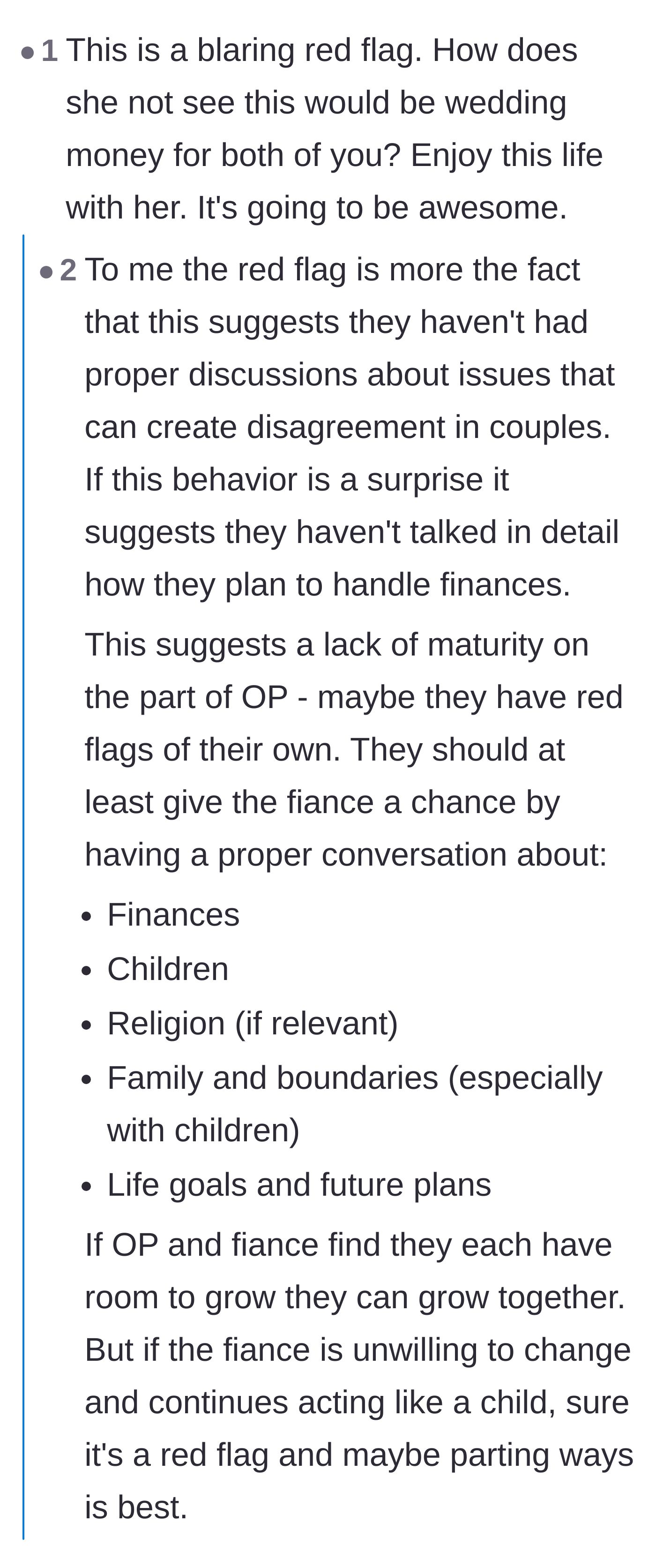 Comment thread 5 - Pointing out a lack of communication and urging the couple to discuss major life topics before marrying.