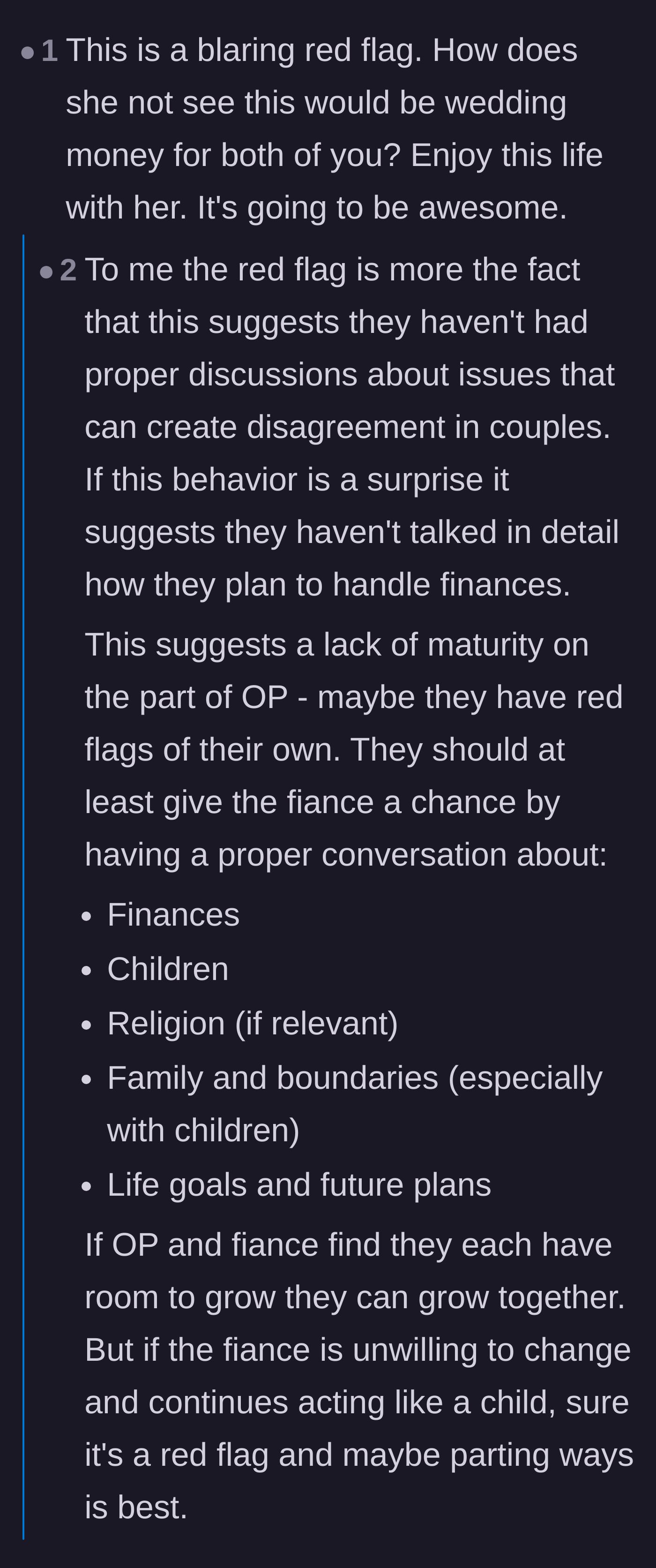 Comment thread 5 - Pointing out a lack of communication and urging the couple to discuss major life topics before marrying.