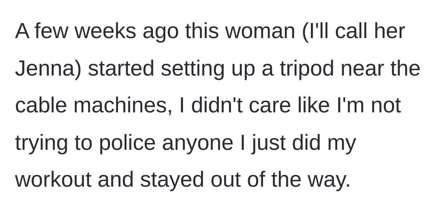 Story part 2 - A woman named Jenna introduces a camera tripod into the shared gym space near the cable machines.