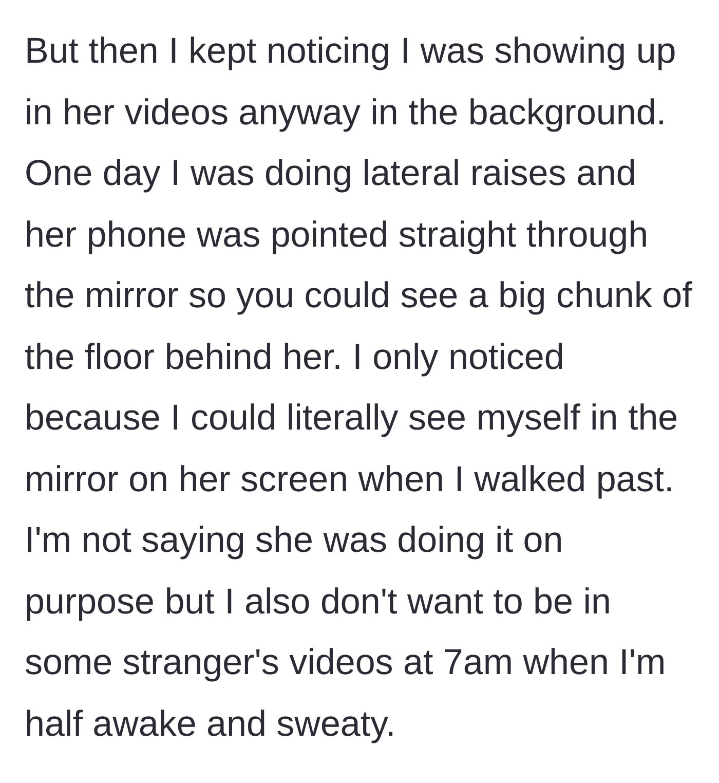 Story part 3 - The main character discovers through the gym mirrors that he is clearly visible in the background of Jenna's recording.