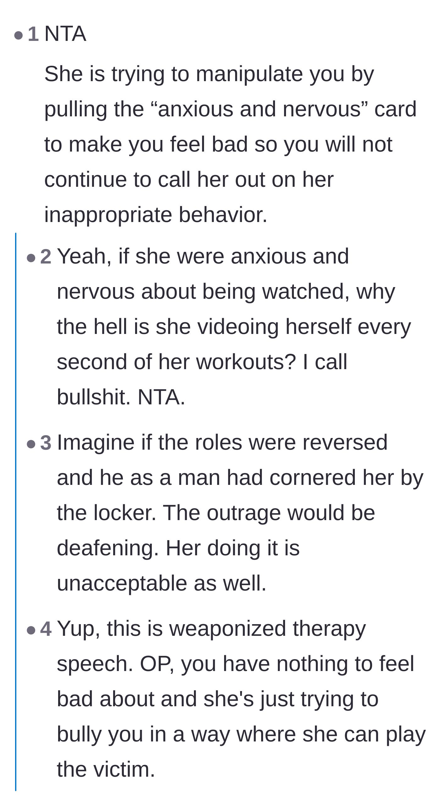 Comment thread 1 - Readers dissect the villain's use of weaponized therapy language to play the victim.
