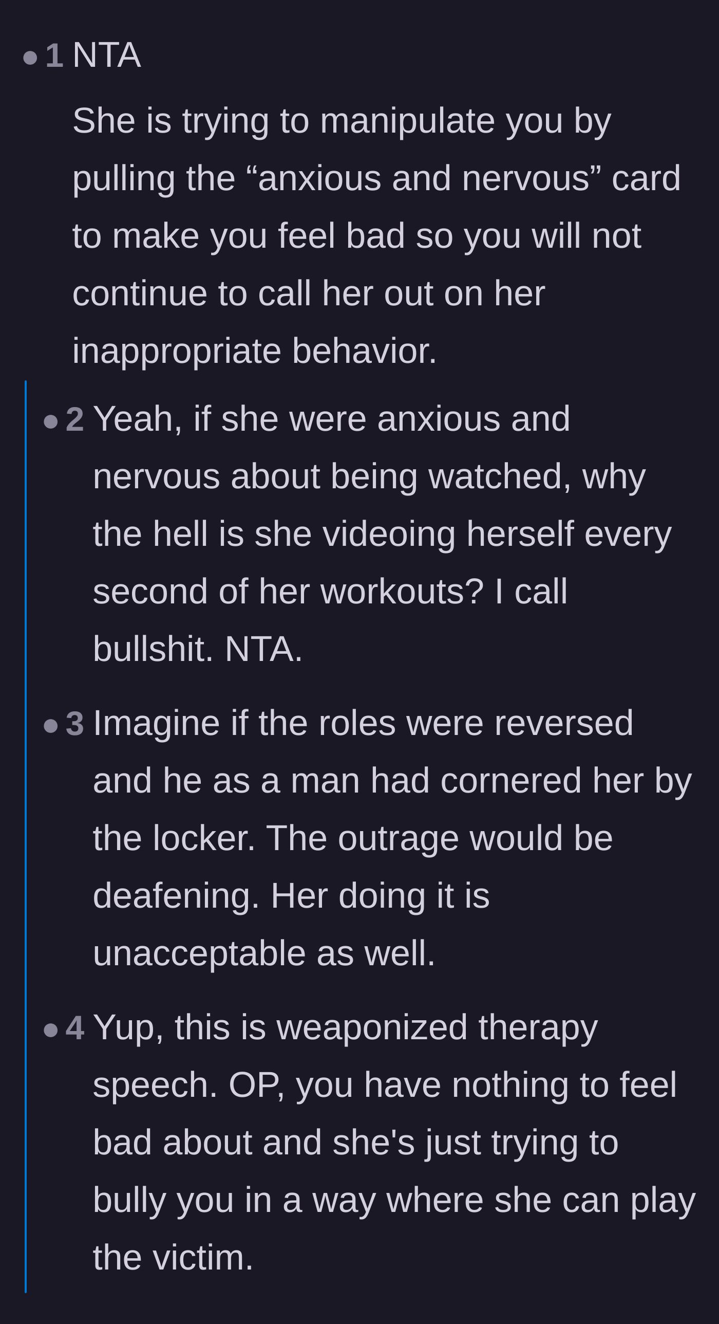 Comment thread 1 - Readers dissect the villain's use of weaponized therapy language to play the victim.