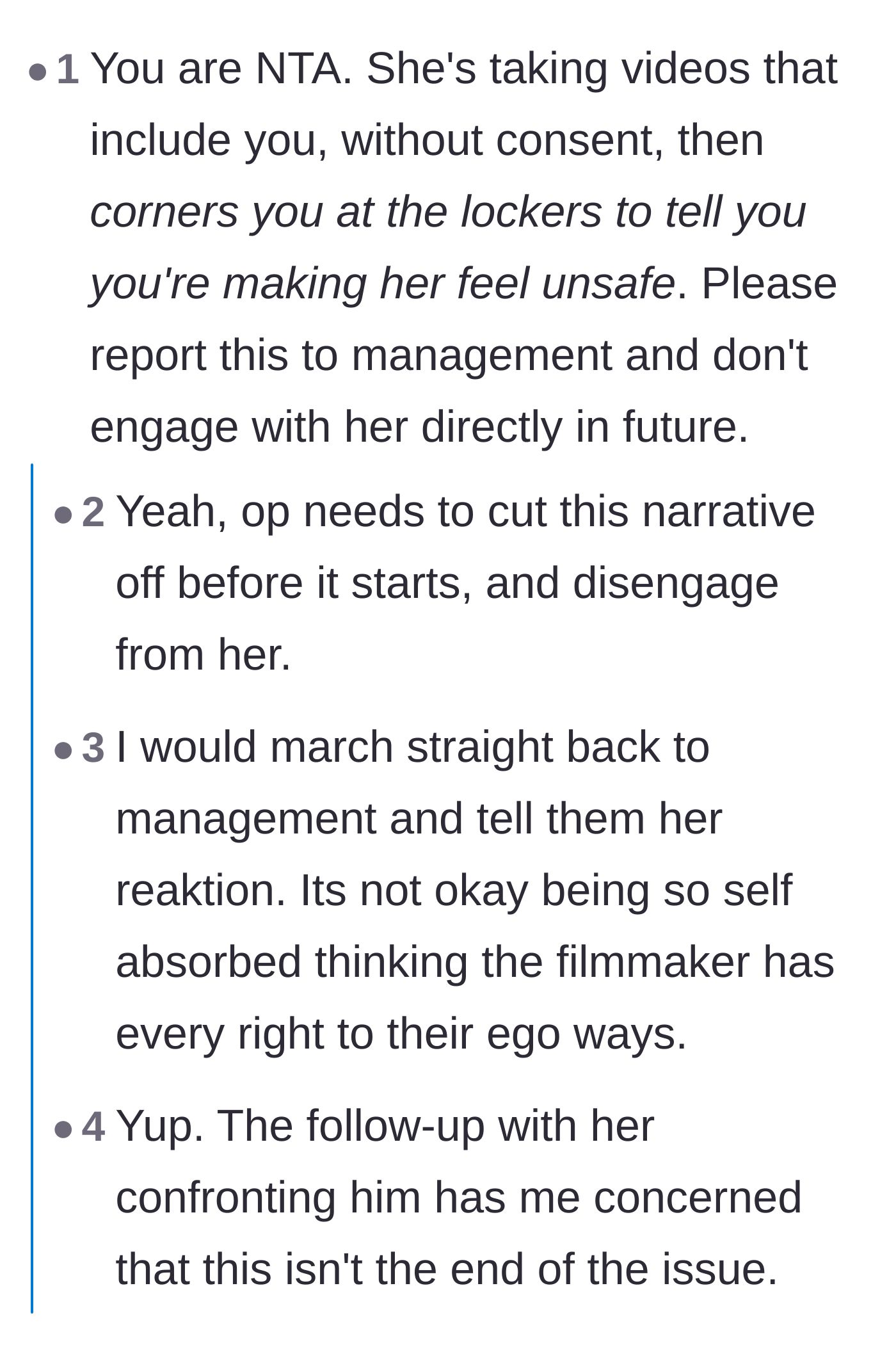 Comment thread 2 - Advice urging the main character to report the locker room confrontation to gym management.