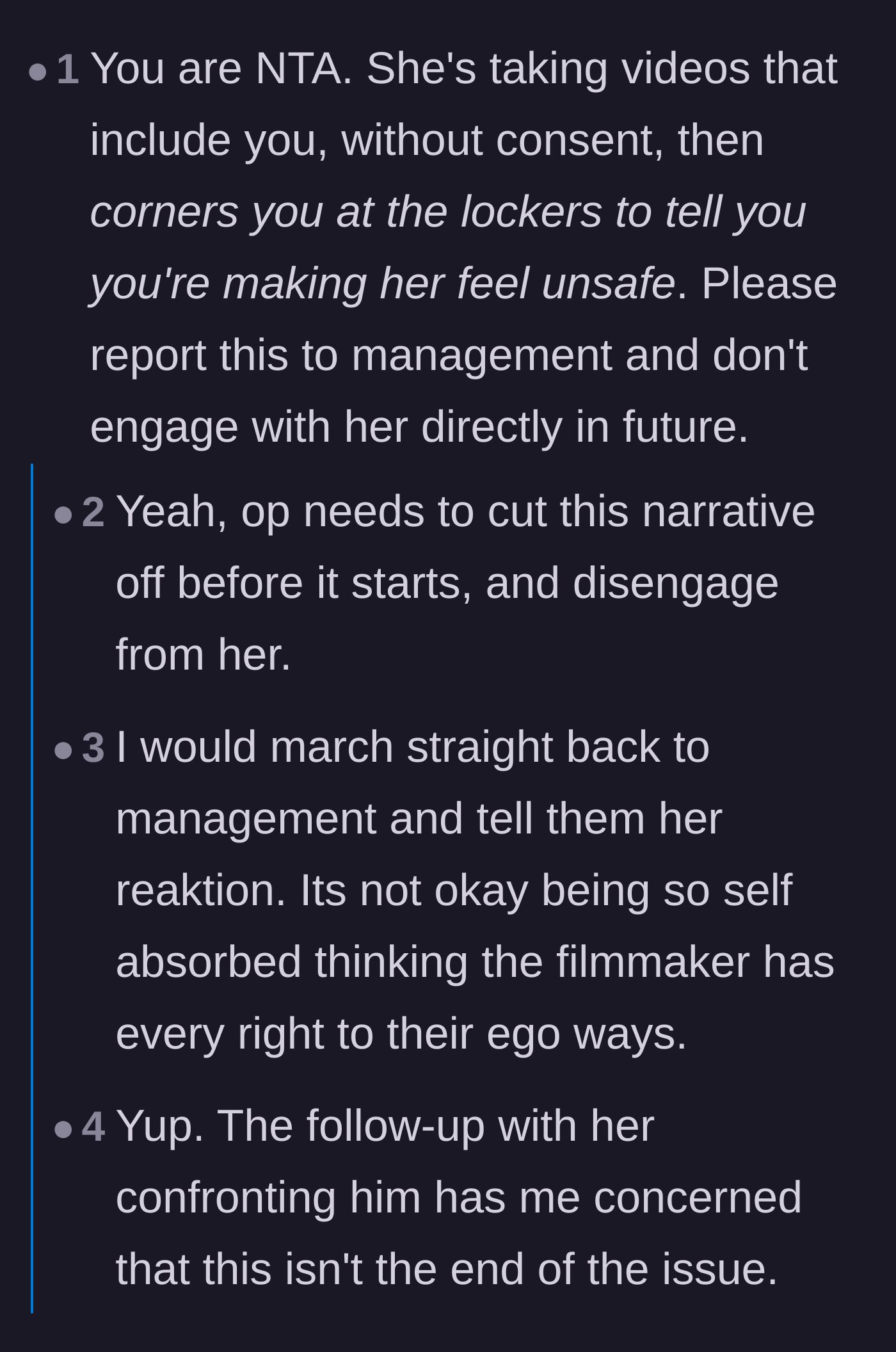 Comment thread 2 - Advice urging the main character to report the locker room confrontation to gym management.