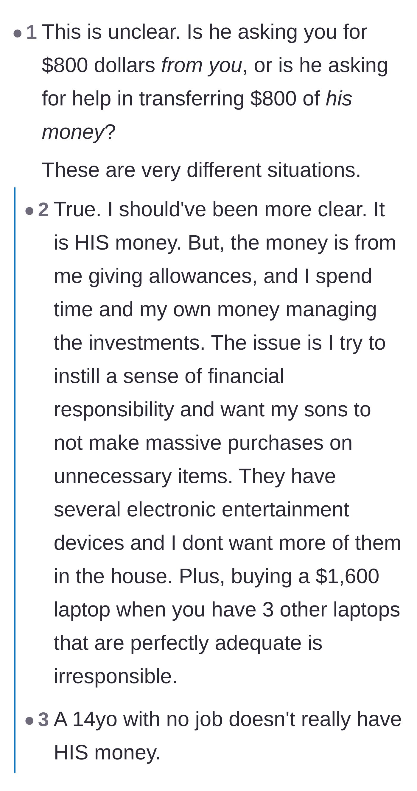 Comment thread 1 - Debate over whether allowance money truly belongs to a 14-year-old or the parent who gave it.