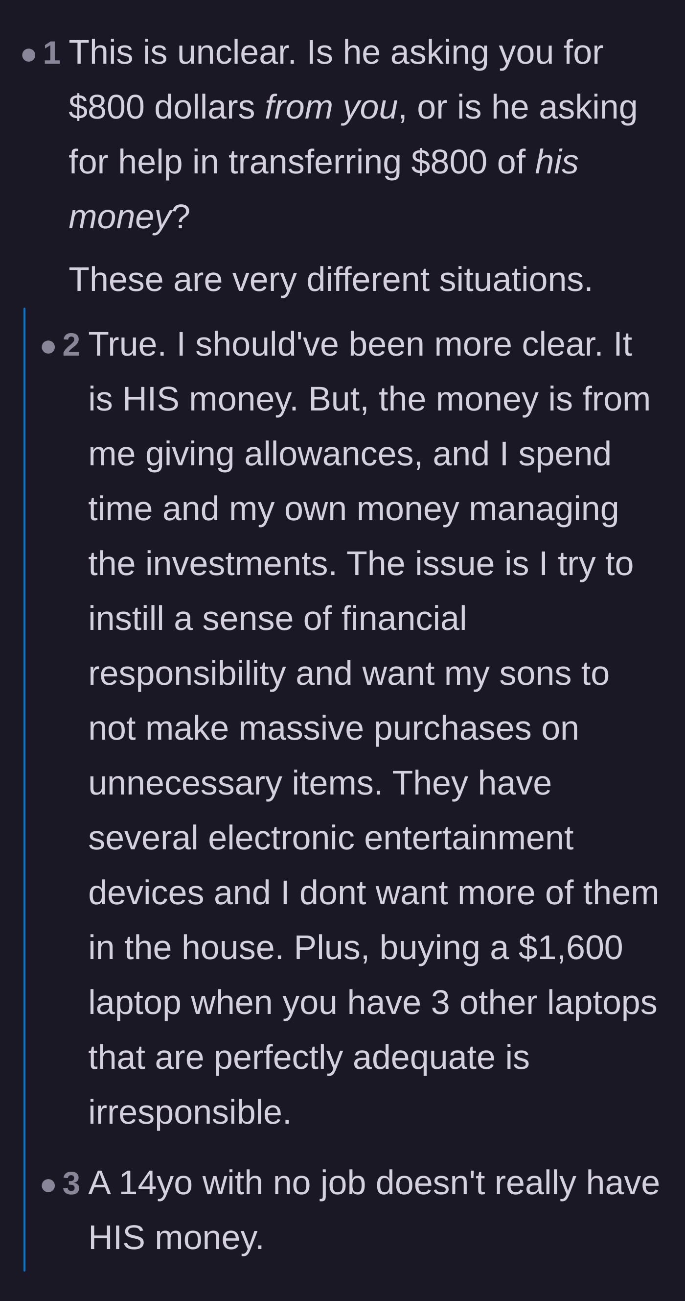 Comment thread 1 - Debate over whether allowance money truly belongs to a 14-year-old or the parent who gave it.