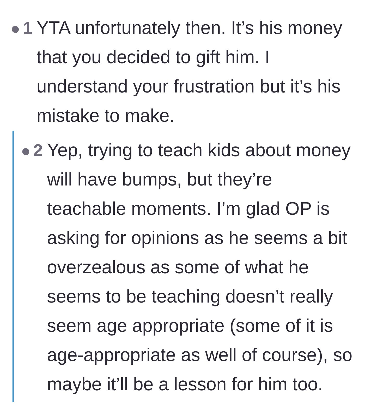 Comment thread 3 - Readers pointing out that making financial mistakes is a crucial, age-appropriate learning experience.