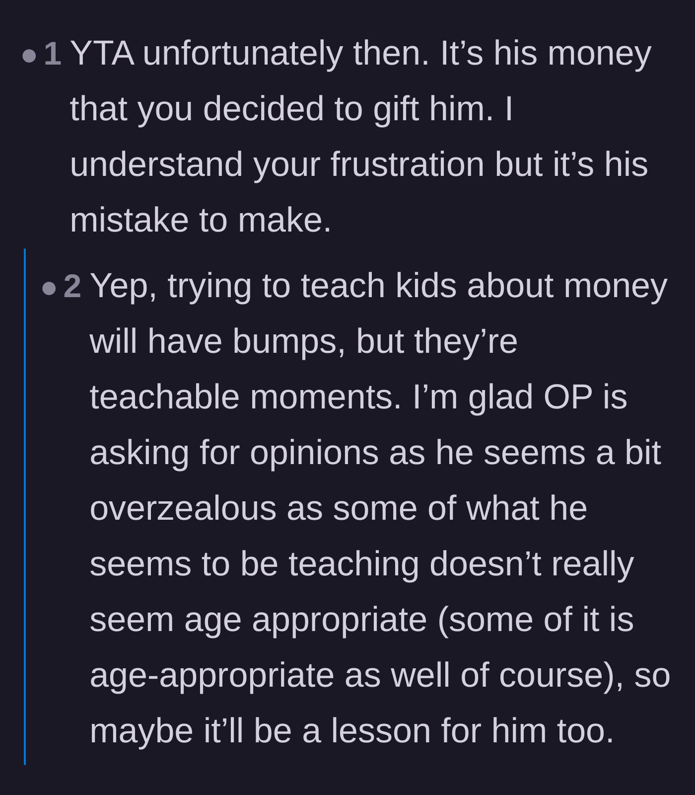 Comment thread 3 - Readers pointing out that making financial mistakes is a crucial, age-appropriate learning experience.