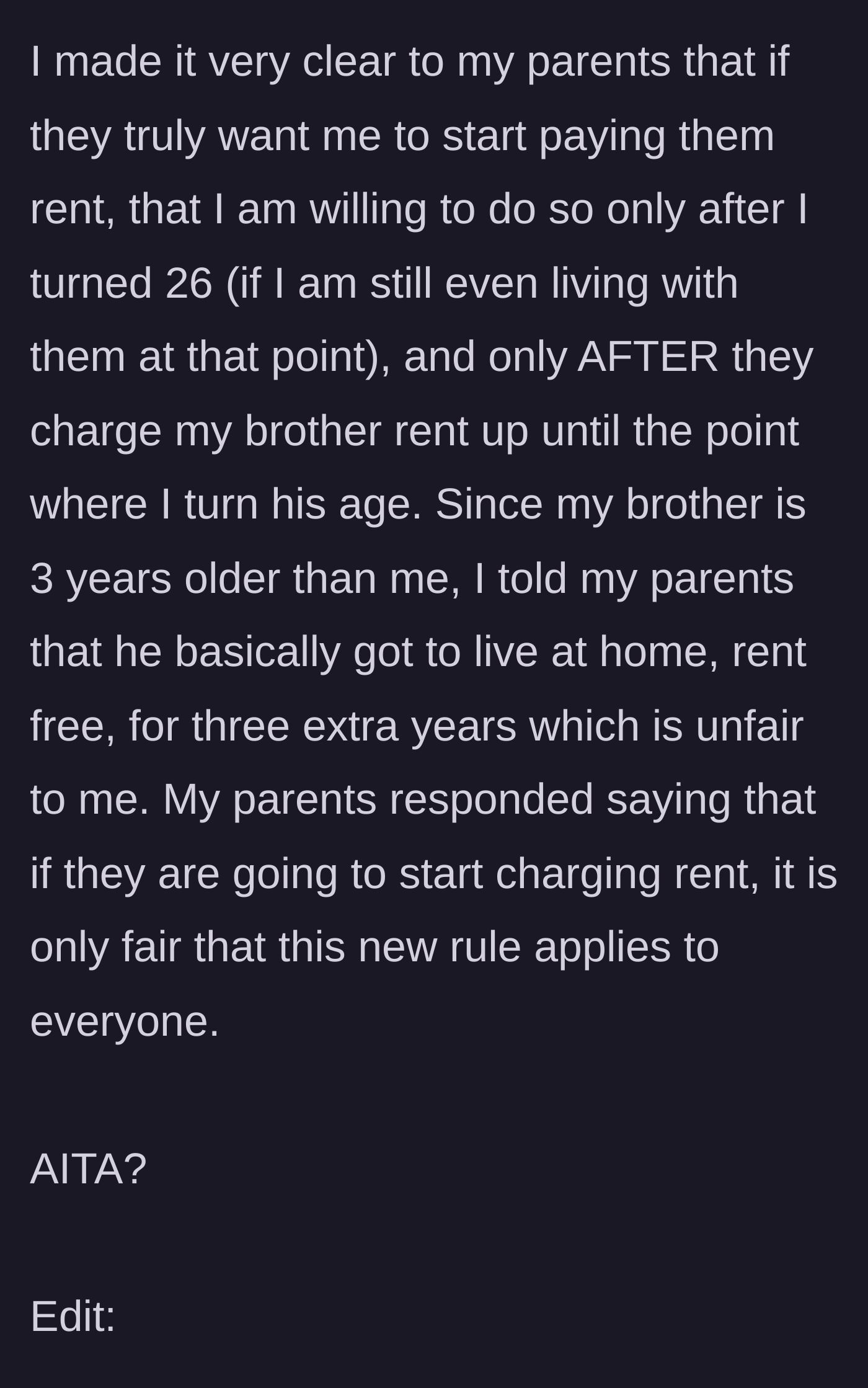 Story part 4 - Daughter demands her brother pay back-rent for three years before she pays, but parents insist the new rule applies to both equally.