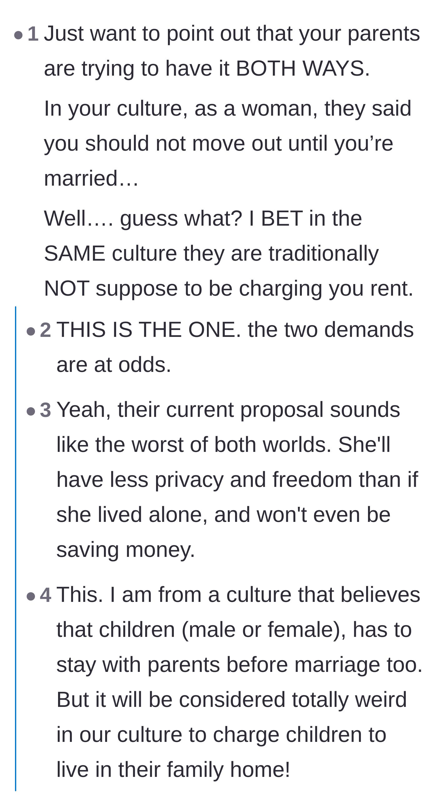 Comment thread 1 - Readers pointing out the hypocrisy of using tradition to forbid moving out while ignoring the tradition of free rent.
