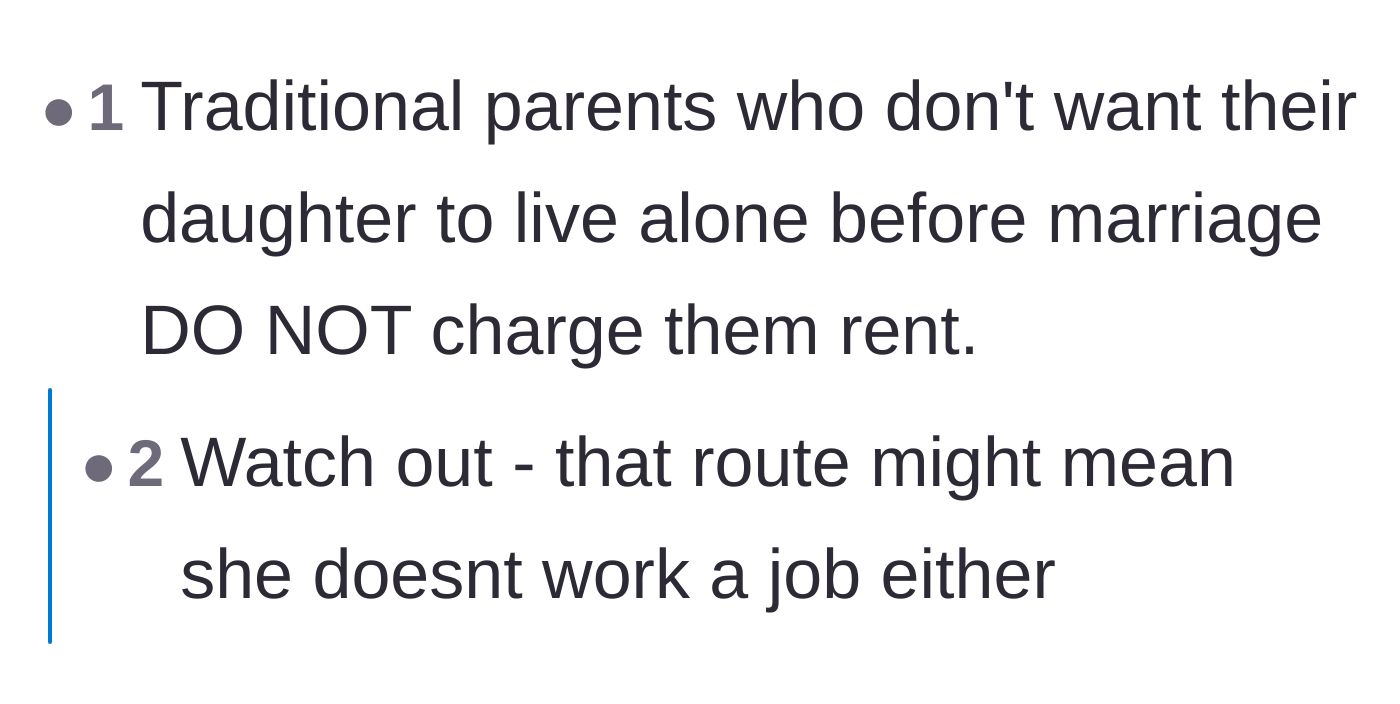Comment thread 2 - A brief discussion on how truly traditional parents do not charge their daughters rent.