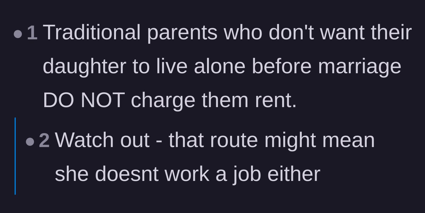 Comment thread 2 - A brief discussion on how truly traditional parents do not charge their daughters rent.